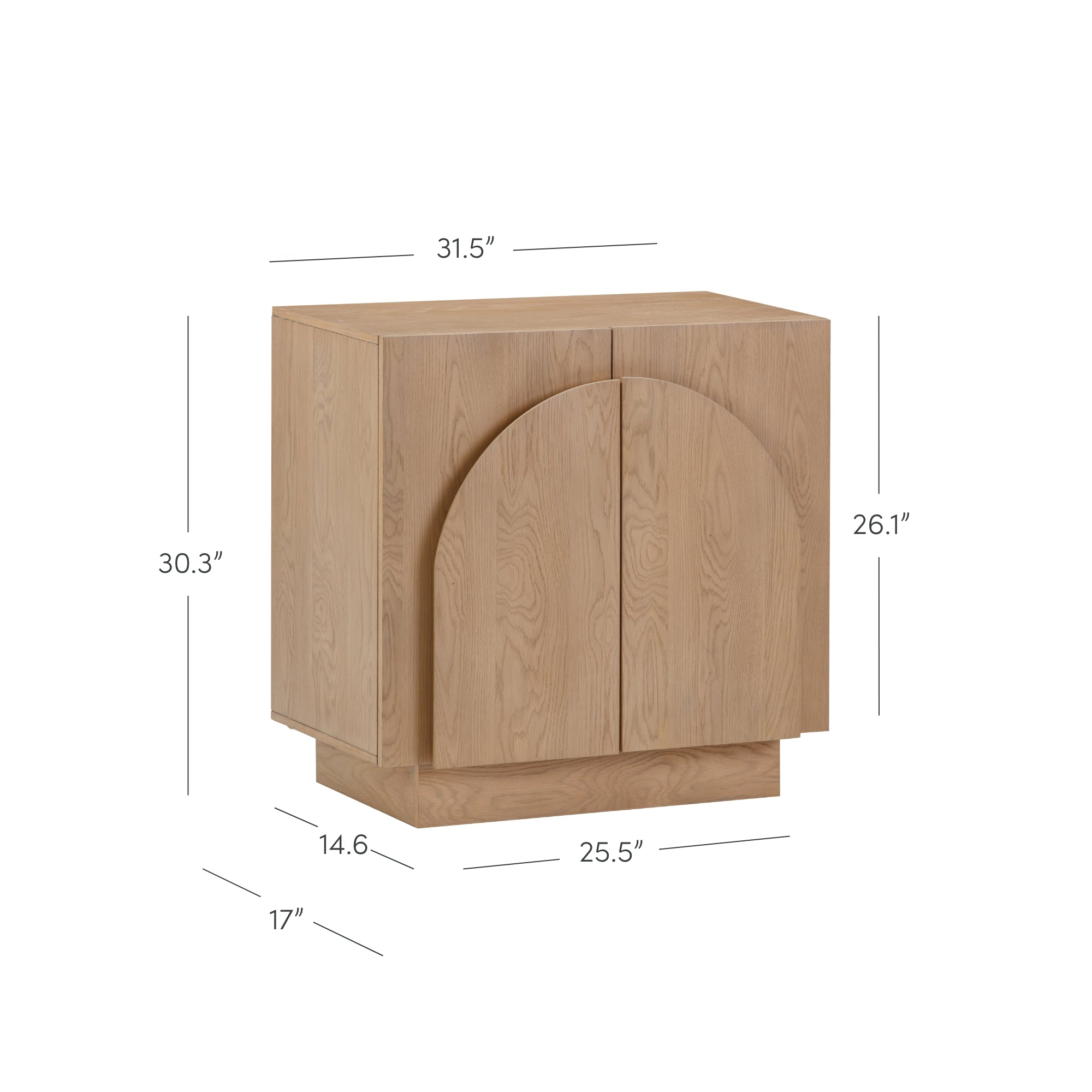 Light wood storage cabinet with two doors featuring a semi-circle design, shown with measurements: 31.5 wide, 30.3 tall, 17 deep, 14.6 base depth, 25.5 door width, and 26.1 door height.