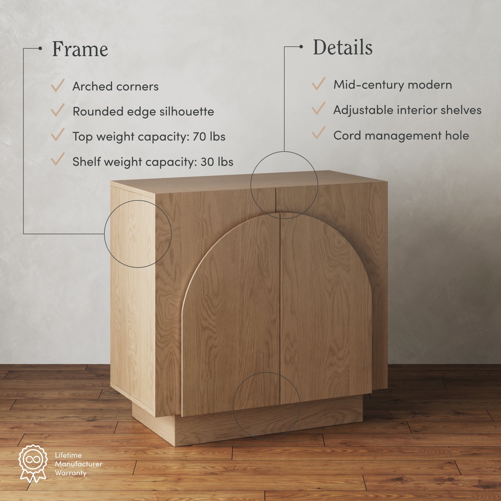 A light wood cabinet with a rounded arch design sits on a wooden floor. Text highlights arched corners, rounded silhouette, 70 lb top/30 lb shelf weight, mid-century style, adjustable shelves, and a cord hole.