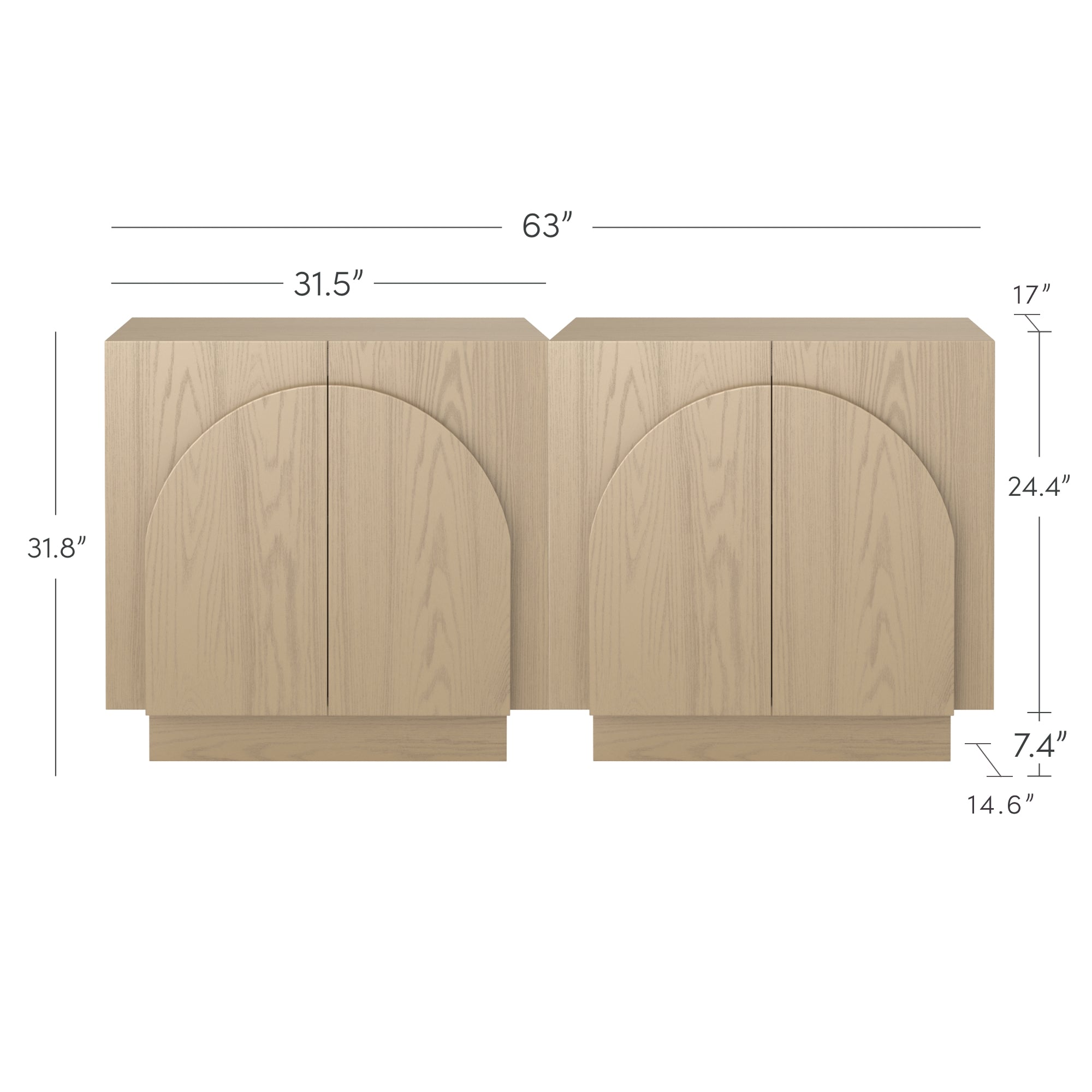 Light wood sideboard with two sections, each featuring double doors with arched designs. Dimensions are labeled: 63 wide, 31.8 tall, 17 deep, base height 7.4, door height 24.4.