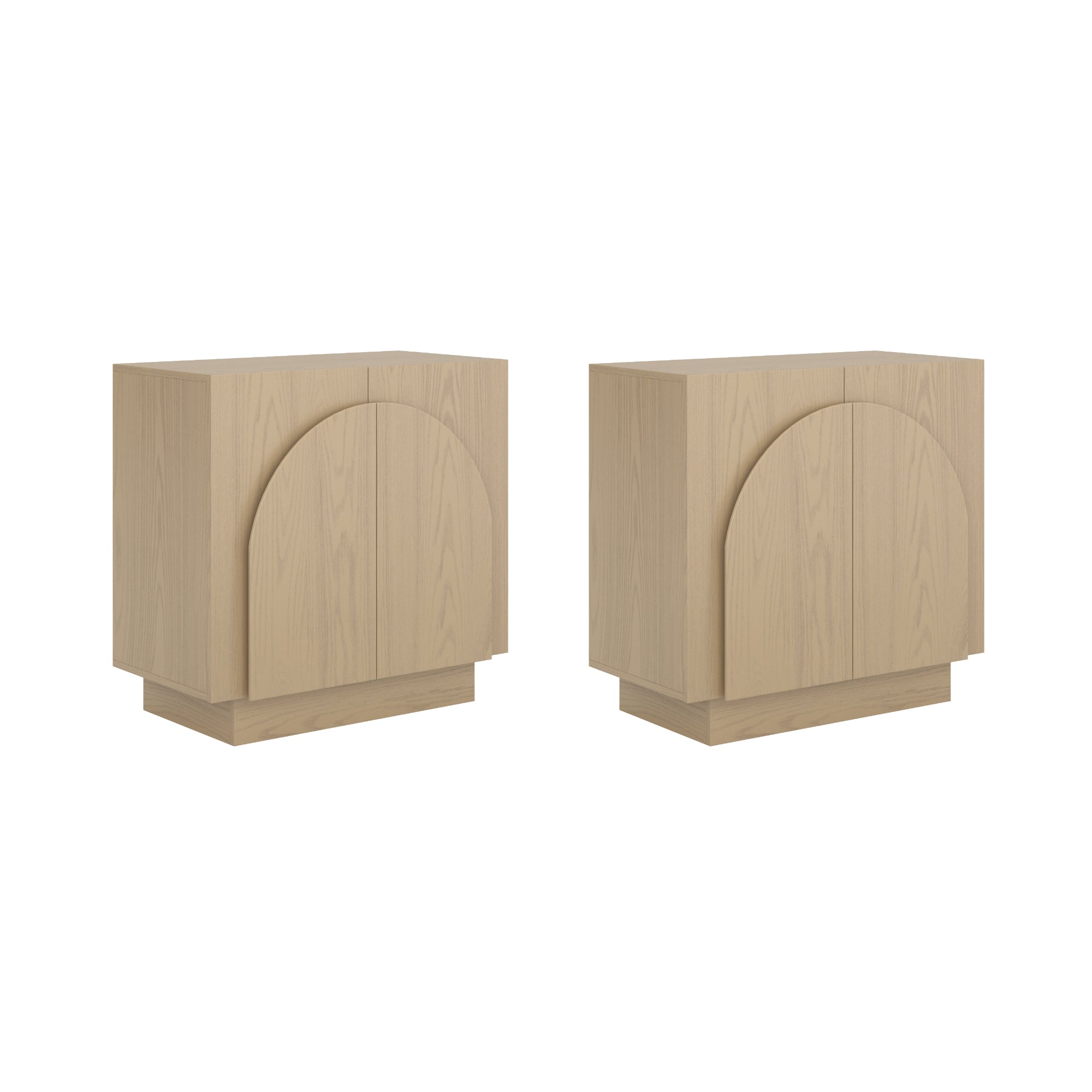 A pair of light wood nightstands with minimalist design, featuring a rectangular shape and an arched detail on the front of each cabinet.