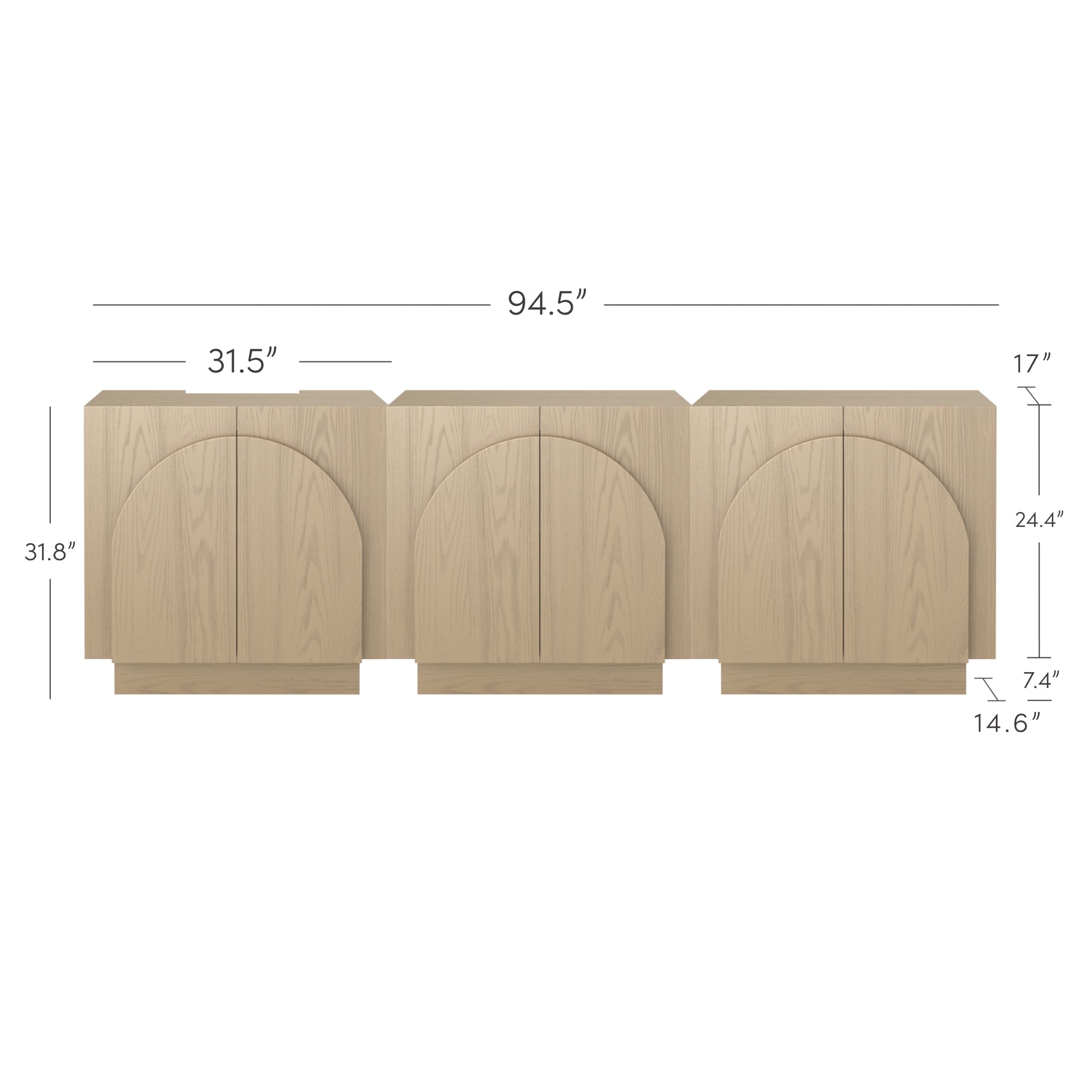 Light wood sideboard with three cabinet sections, each featuring a large arched design on the doors. Dimensions are labeled: overall width 94.5, height 31.8, depth 17, cabinet width 31.5, and other smaller measurements.