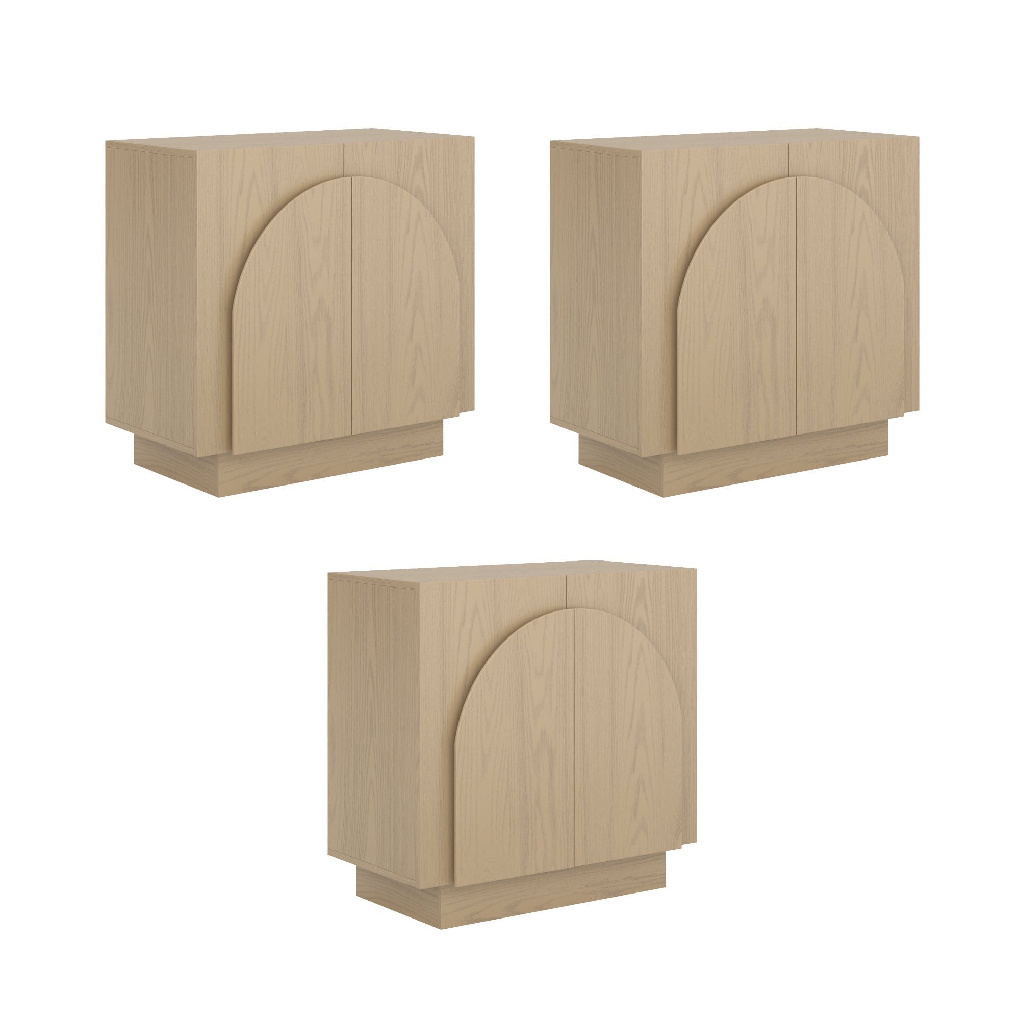 Three identical light wood cabinets with a minimalist design, each featuring a single door with a large, semi-circular raised panel on the front. The cabinets have a rectangular base and smooth, clean lines.