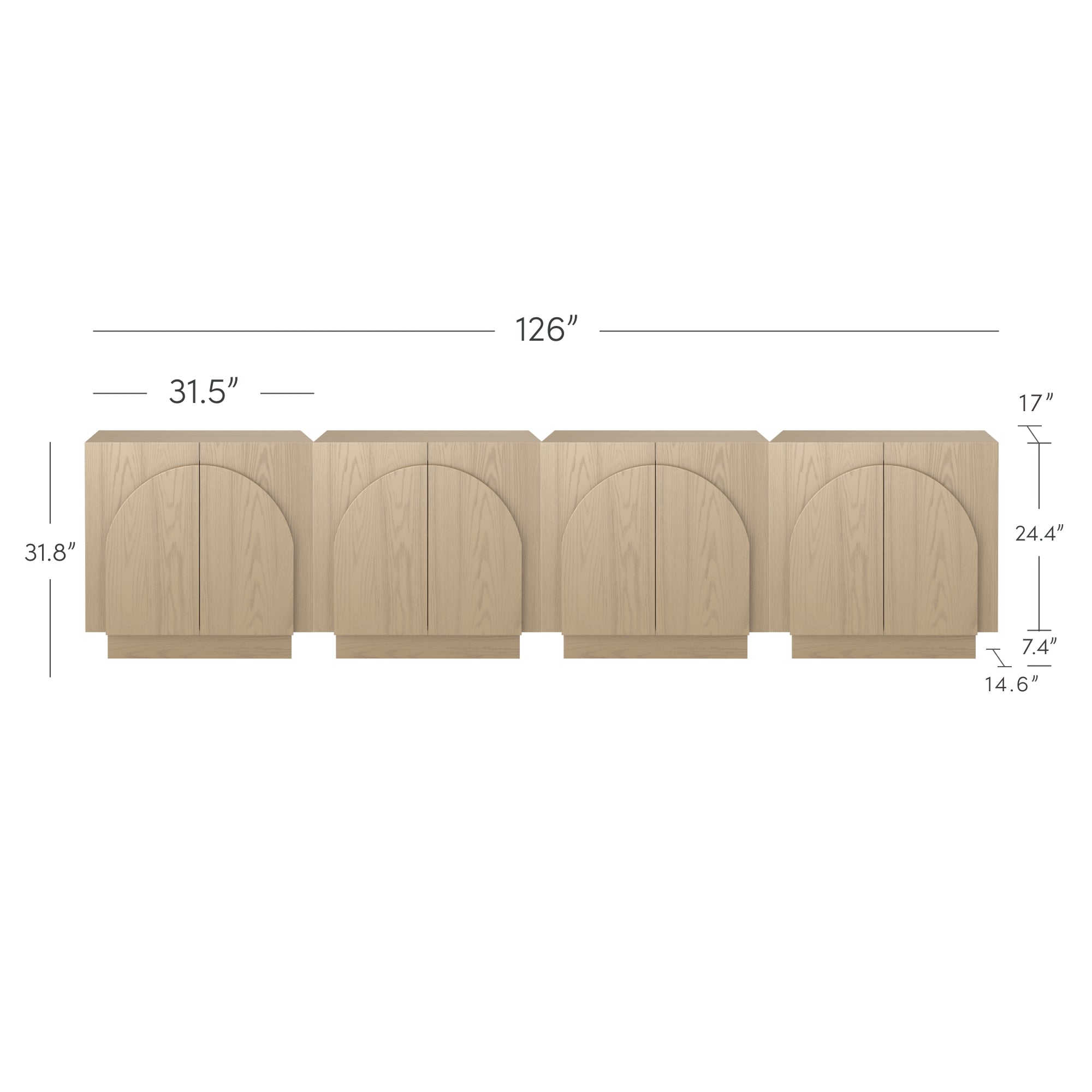 Front view of a light wood cabinet with four sections, each featuring double doors with a circular pattern. Dimensions are labeled: total width 126, section width 31.5, height 31.8, with additional depth details.