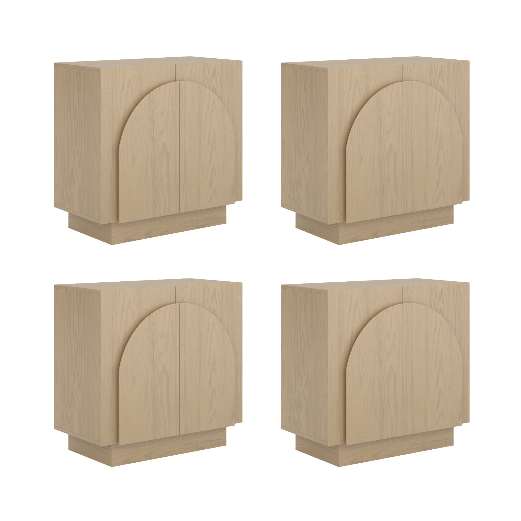 Four identical light wood cabinets, each with a rectangular shape and an arched design on the front doors, are arranged in a two-by-two grid against a white background.