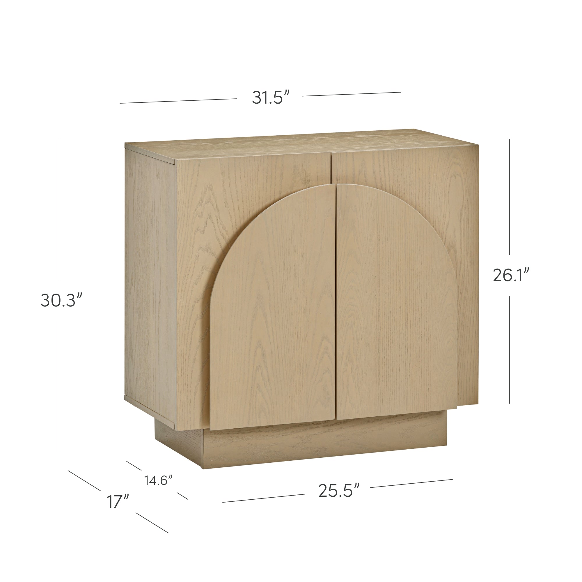 Light wood cabinet with two doors, featuring an arched design on the front. Dimensions are labeled: 31.5 wide, 30.3 tall, 26.1 high, 17 deep on one side, 14.6 deep on the other, and 25.5 wide at the base.