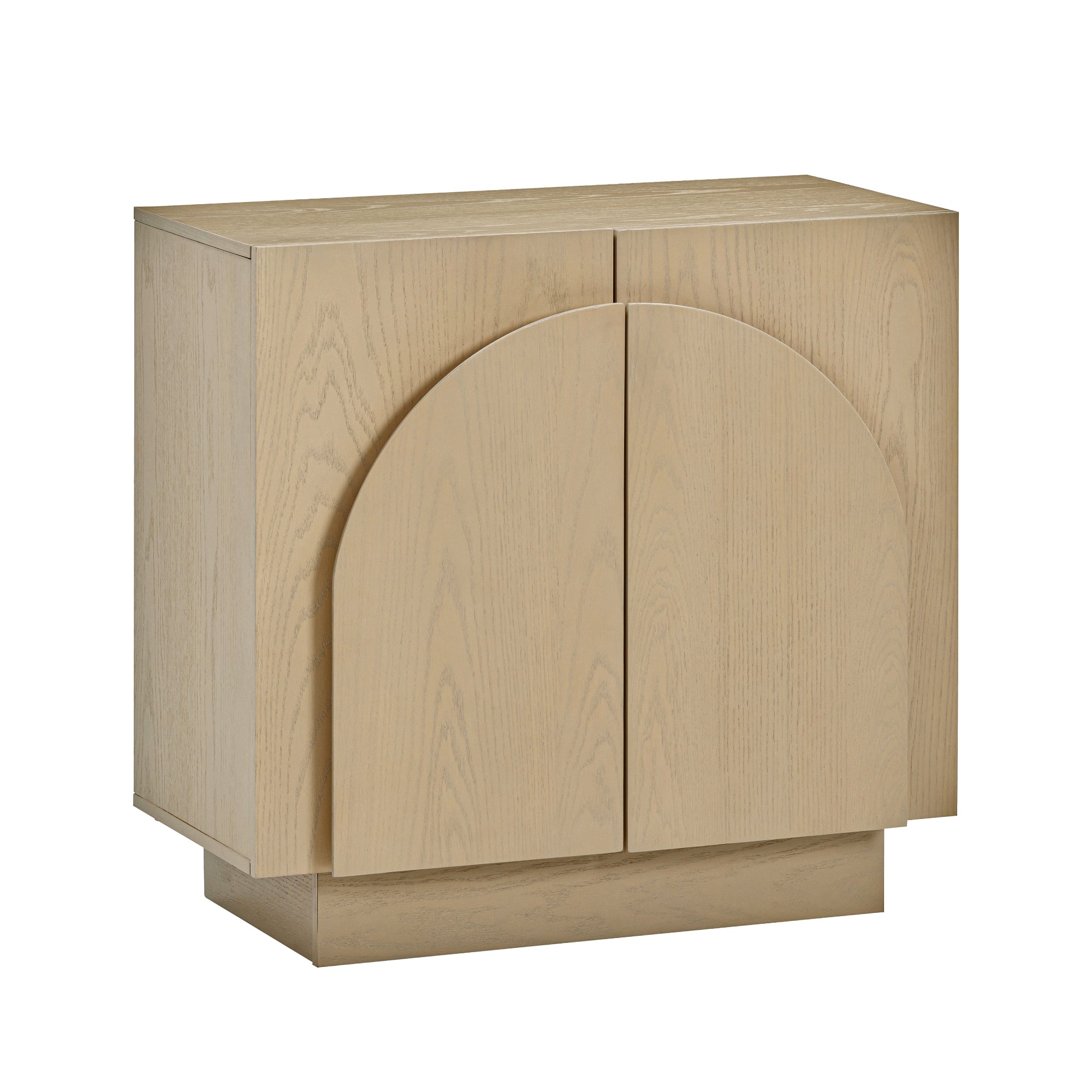 A light wood cabinet with two doors featuring an arched design on the front, set on a rectangular base. The cabinet has a modern, minimalist style.