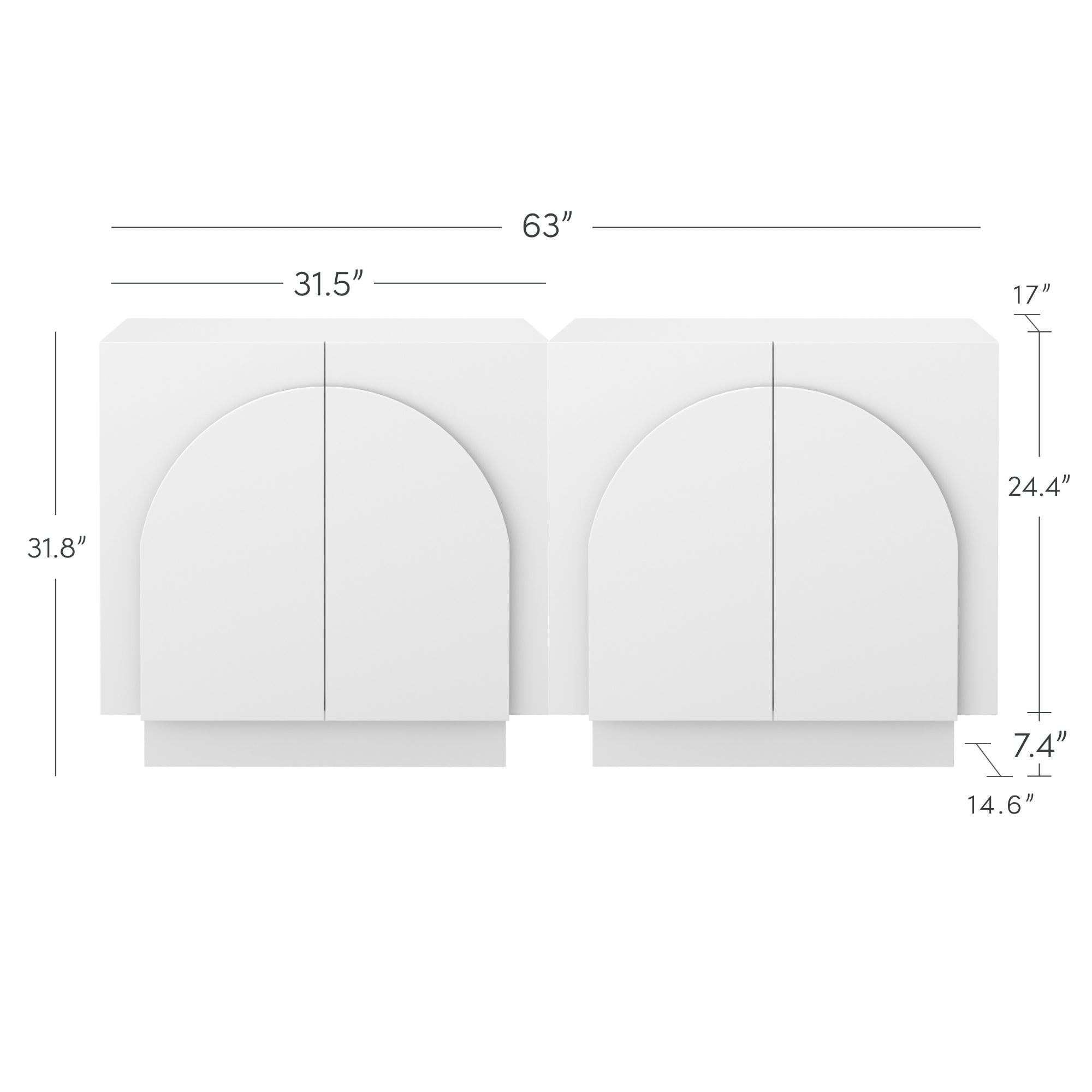 White double cabinet with arched detailing on doors. Dimensions labeled: total width 63, each section 31.5 wide, height 31.8, depth 17, arched panel height 24.4, base height 7.4, and lower section 14.6.
