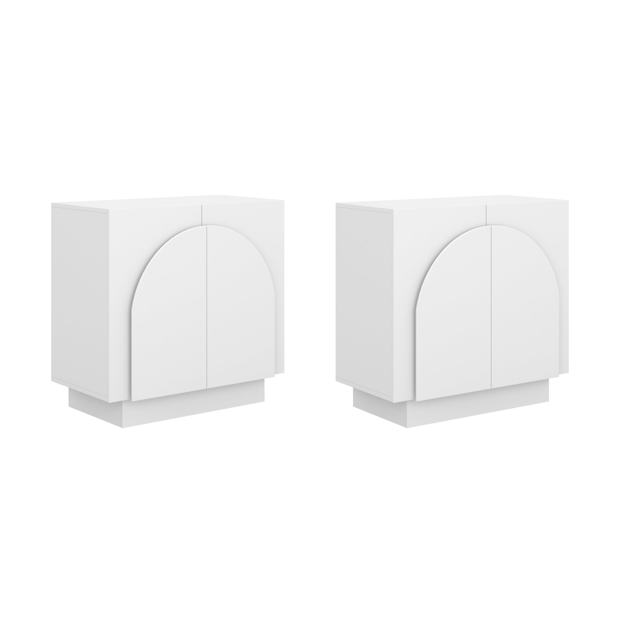 Two identical modern white cabinets with flat tops and double doors featuring a large semicircular design on the front, set against a plain white background.