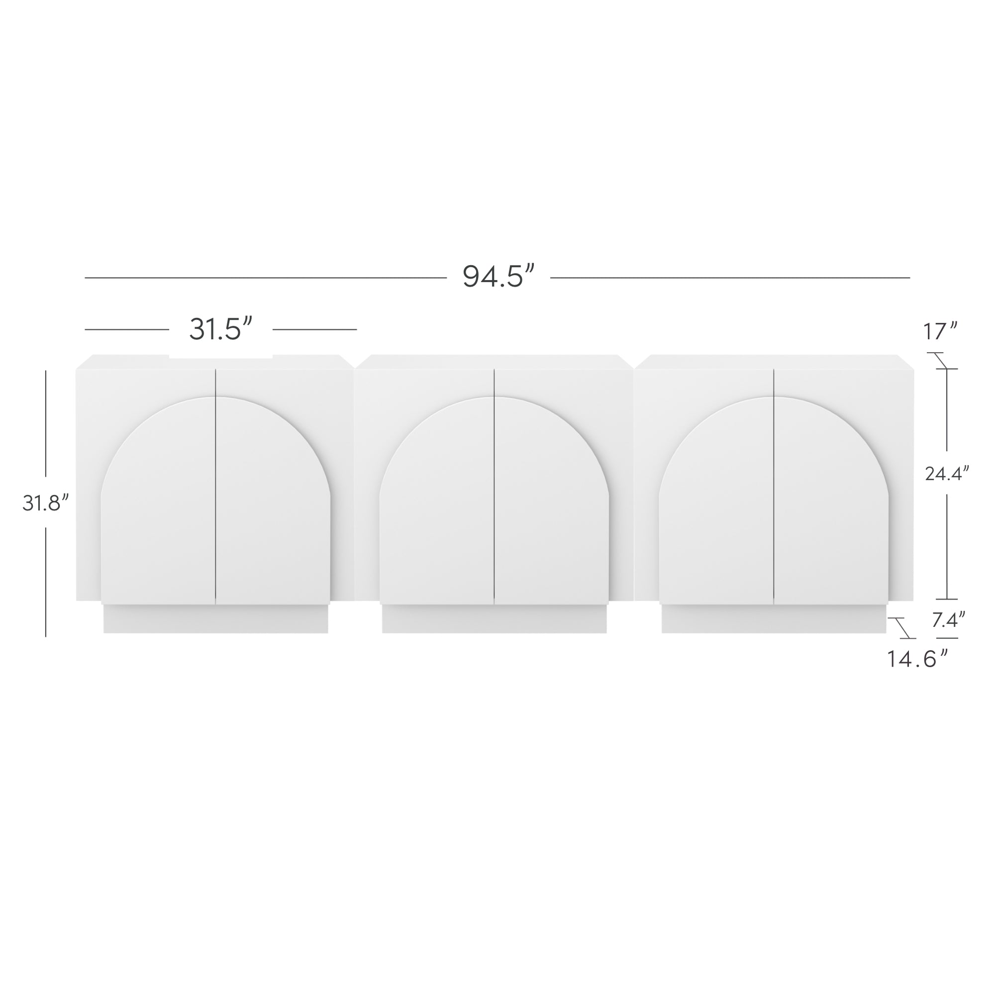 A set of three white, arch-shaped wall panels with dimensions labeled: total width 94.5”, individual panel width 31.5”, height 31.8”, upper section 17”, lower section 14.6”, and side panel thickness 7.4” and 24.4”.
