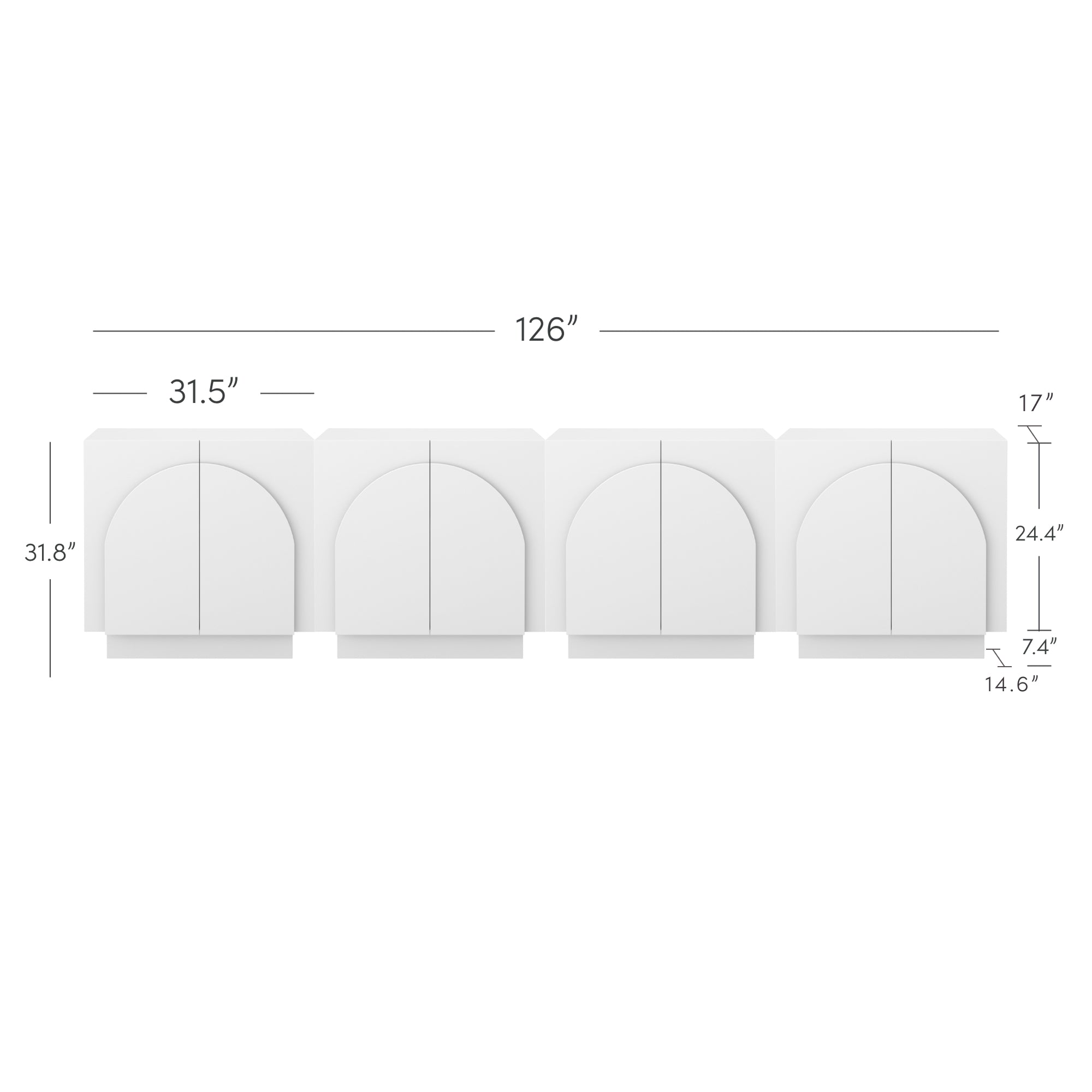 Four white rectangular panels with arched designs are aligned side by side. Dimensions are labeled: each panel is 31.5 wide and 31.8 tall, with the total width being 126. Additional height details are shown on the right.