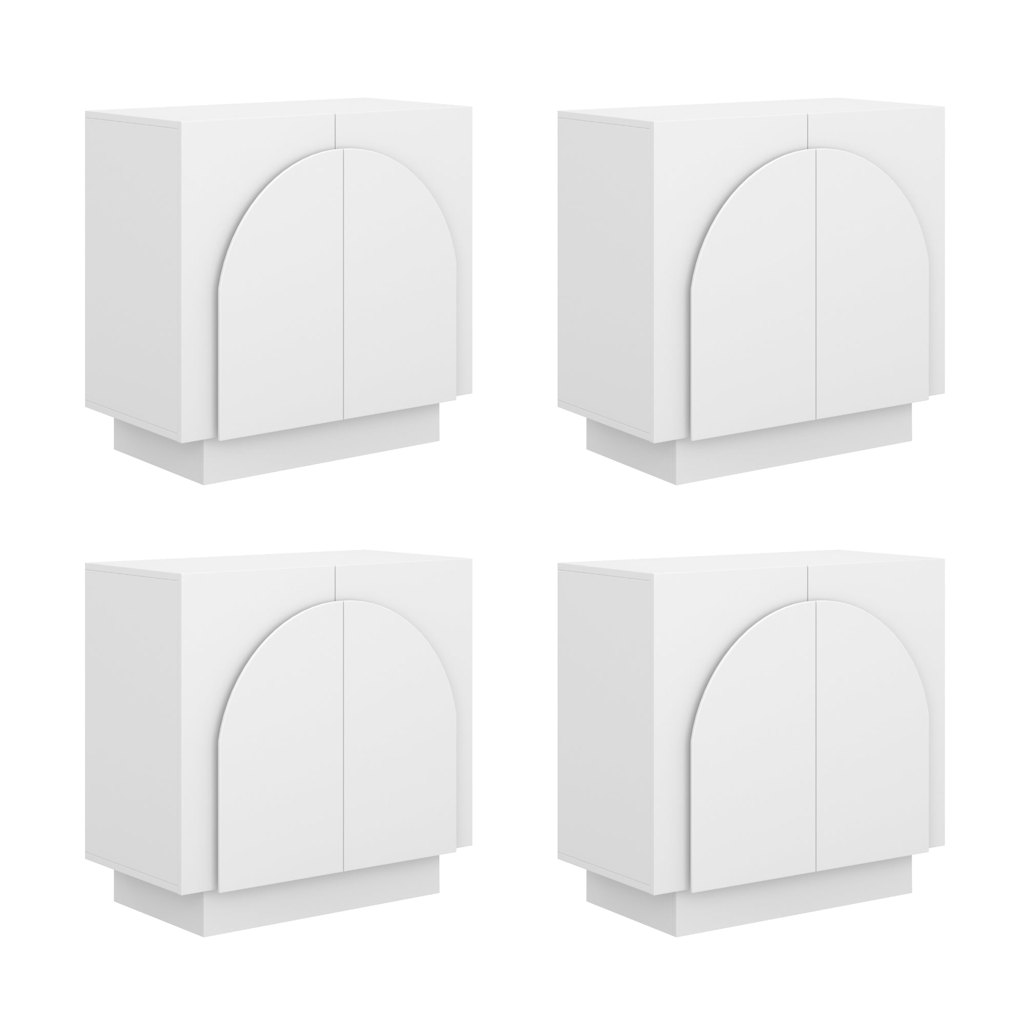 Four identical white modern cabinets with flat fronts and large semi-circular arch details on the doors, each shown from a slightly angled perspective on a plain white background.