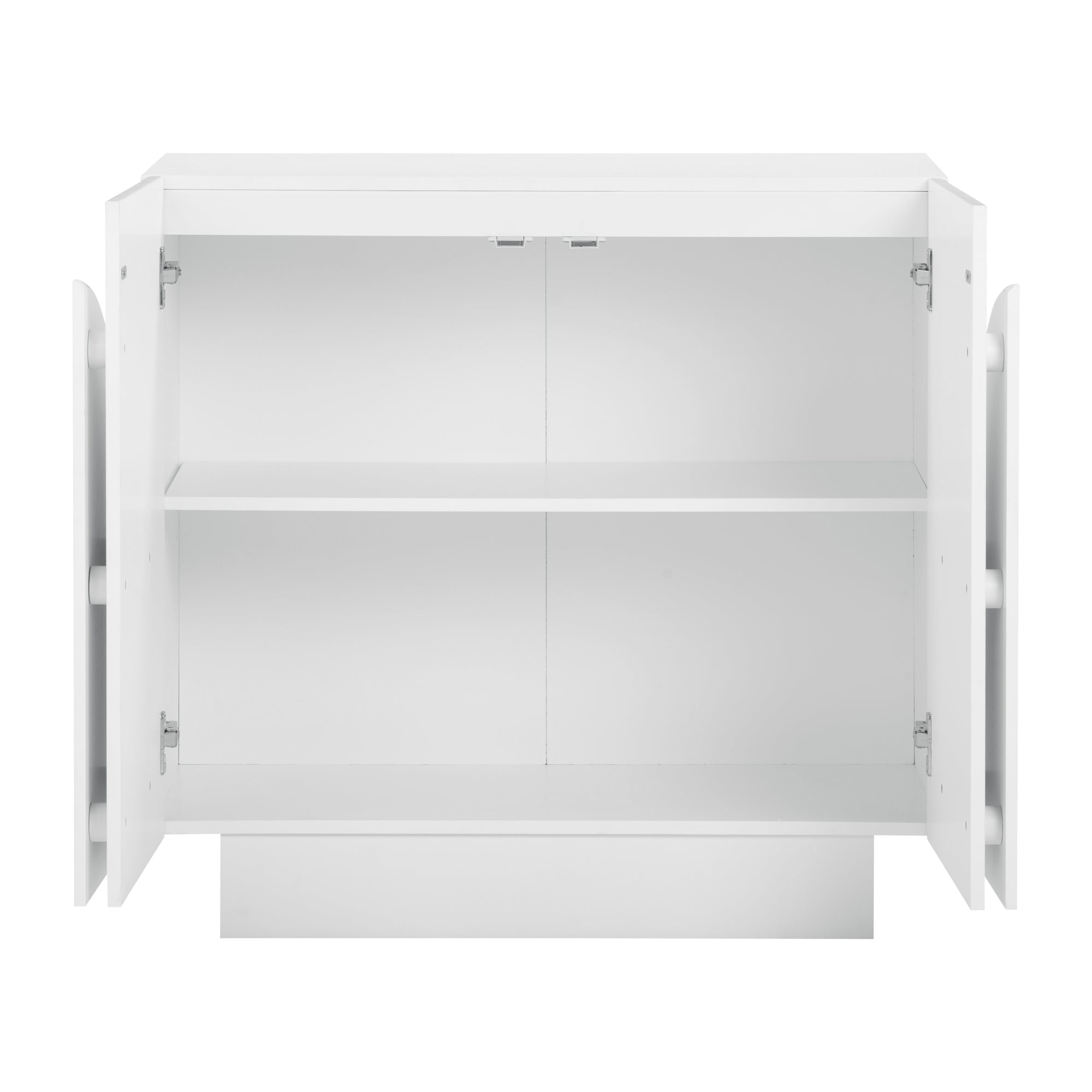 A white, two-door cabinet is open to reveal two empty shelves inside, with a simple and modern design against a plain white background.
