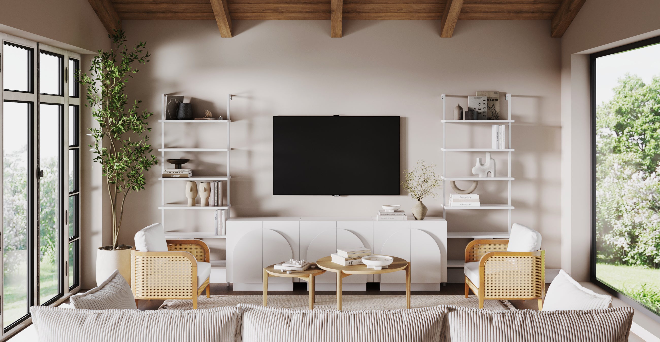 Modern living room with large windows, a wall-mounted flat-screen TV, white shelves and cabinets, light wood furniture with white cushions, and a potted plant under a vaulted wooden ceiling. Natural light fills the space.