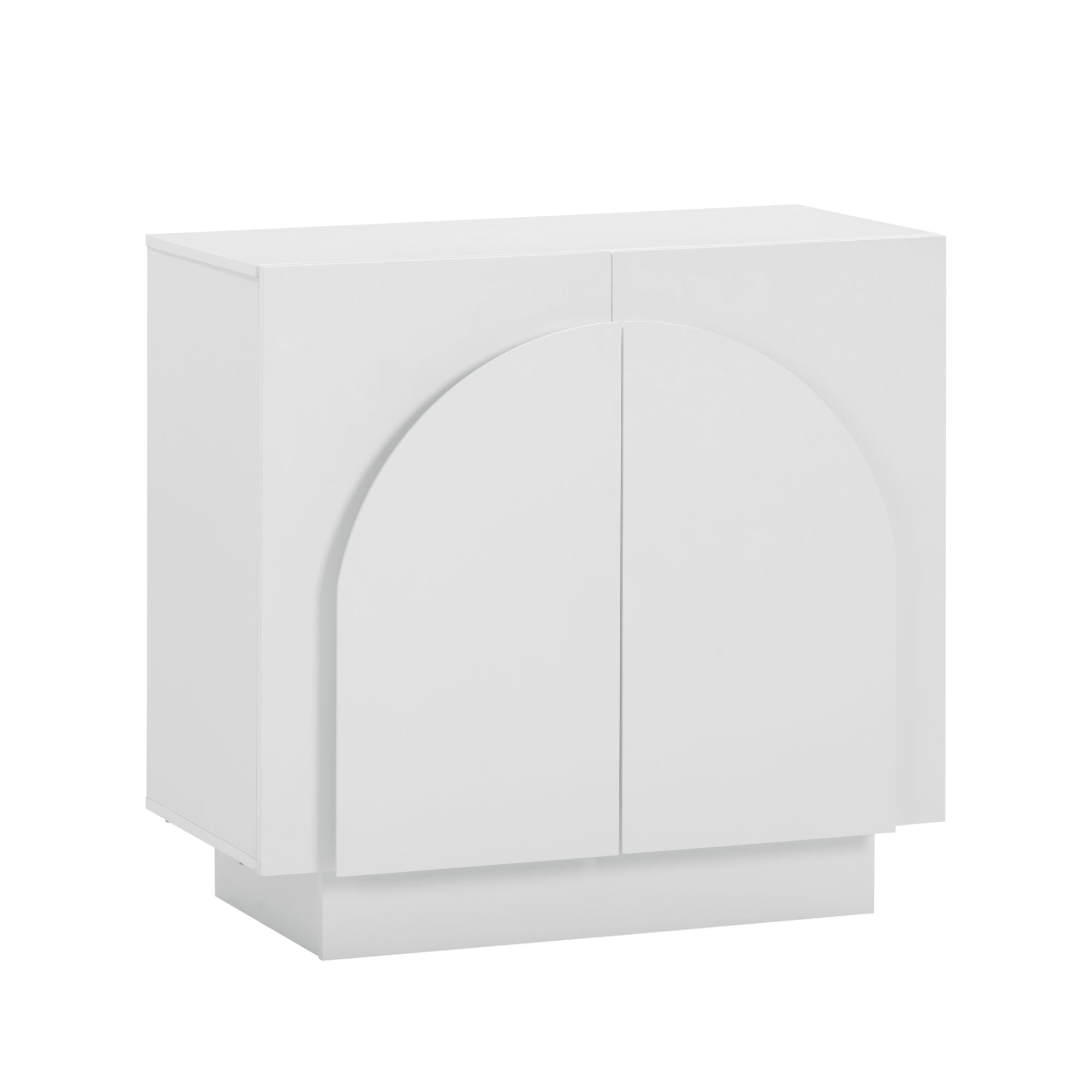 A modern white cabinet with two doors featuring an arched design on the front, standing on a rectangular base against a plain white background.