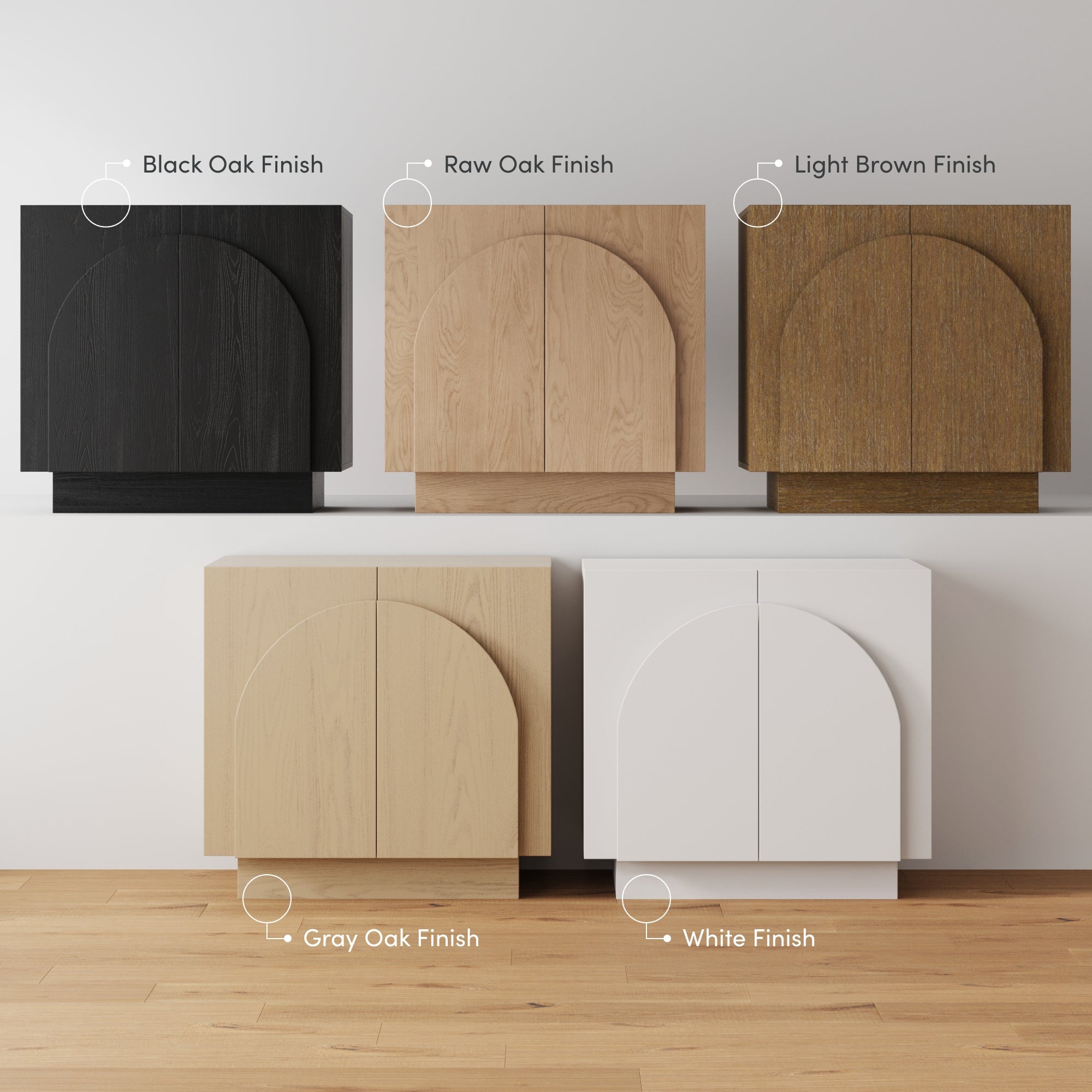 Five modern cabinets with arch designs are displayed in a row, each in a different finish: Black Oak, Raw Oak, Light Brown, Gray Oak, and White, labeled clearly against a neutral background.
