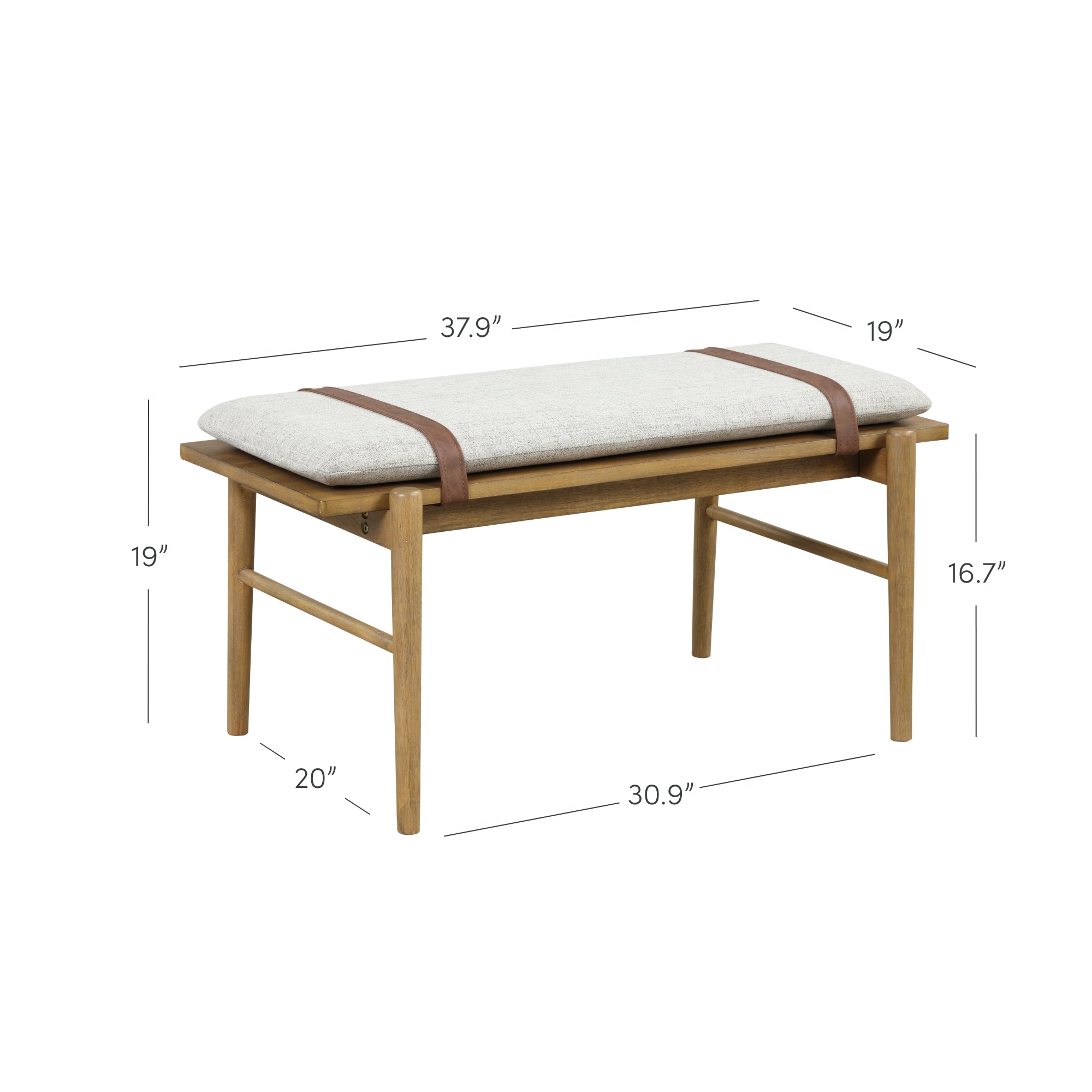 A wooden bench with a light gray cushion secured by brown straps. The bench is 37.9 inches long, 19 inches high, 20 inches deep, with a seat height of 16.7 inches and a width of 30.9 inches.