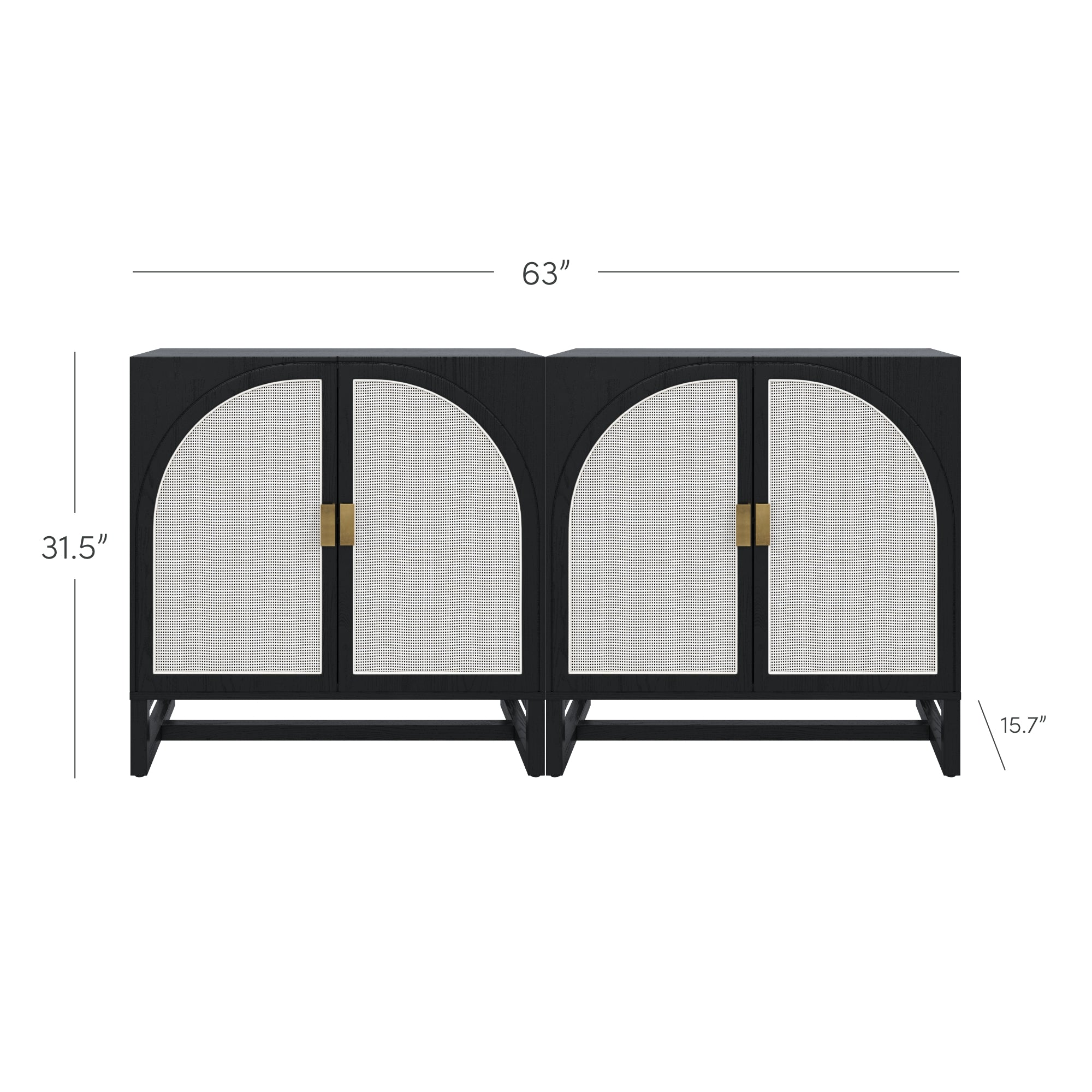 Two side-by-side black cabinets with arched, light gray front panels and gold handles. Dimensions are 63 wide, 31.5 high, and 15.7 deep.
