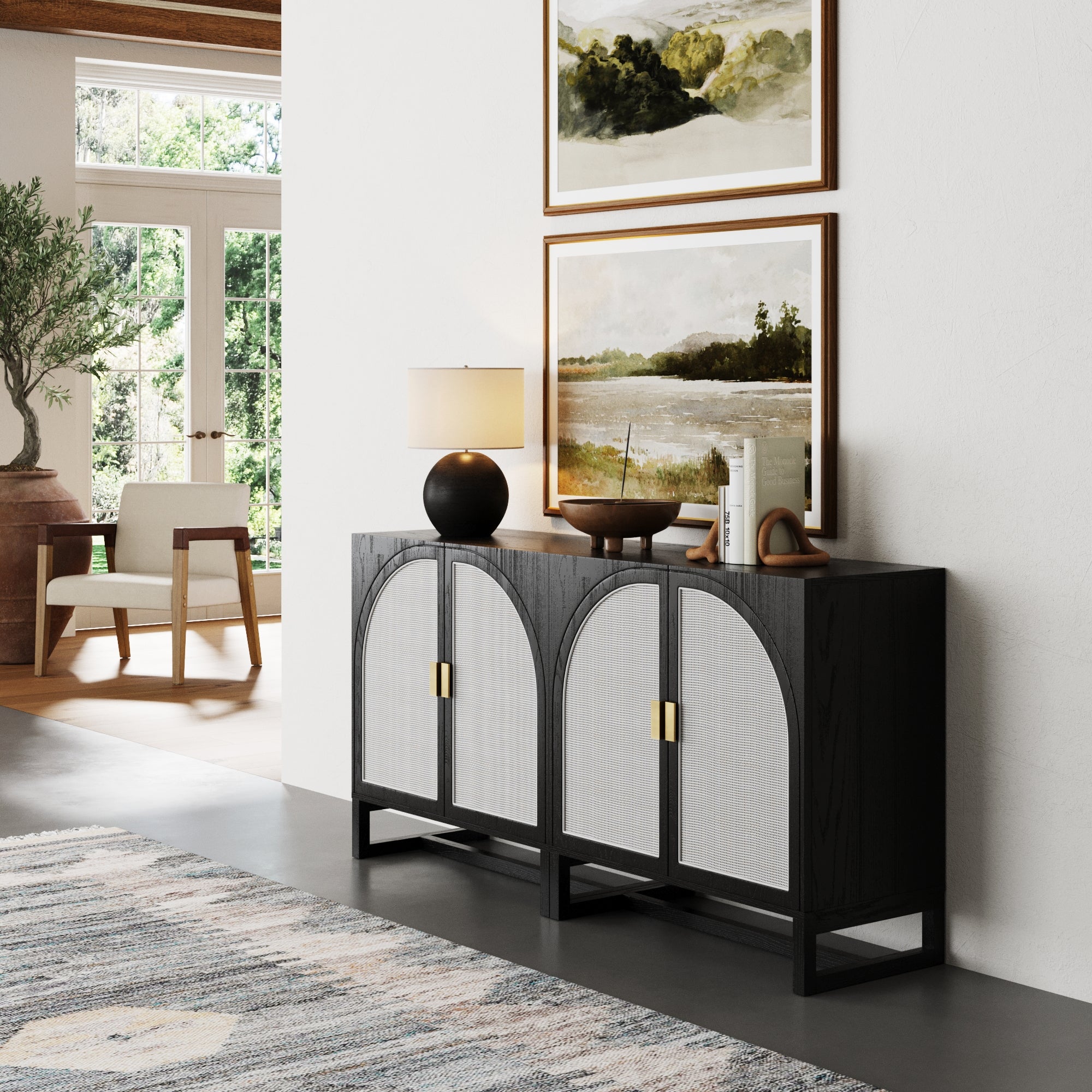 Rattan Arched Storage Cabinet Credenza Black (Set of 2) - Nathan James