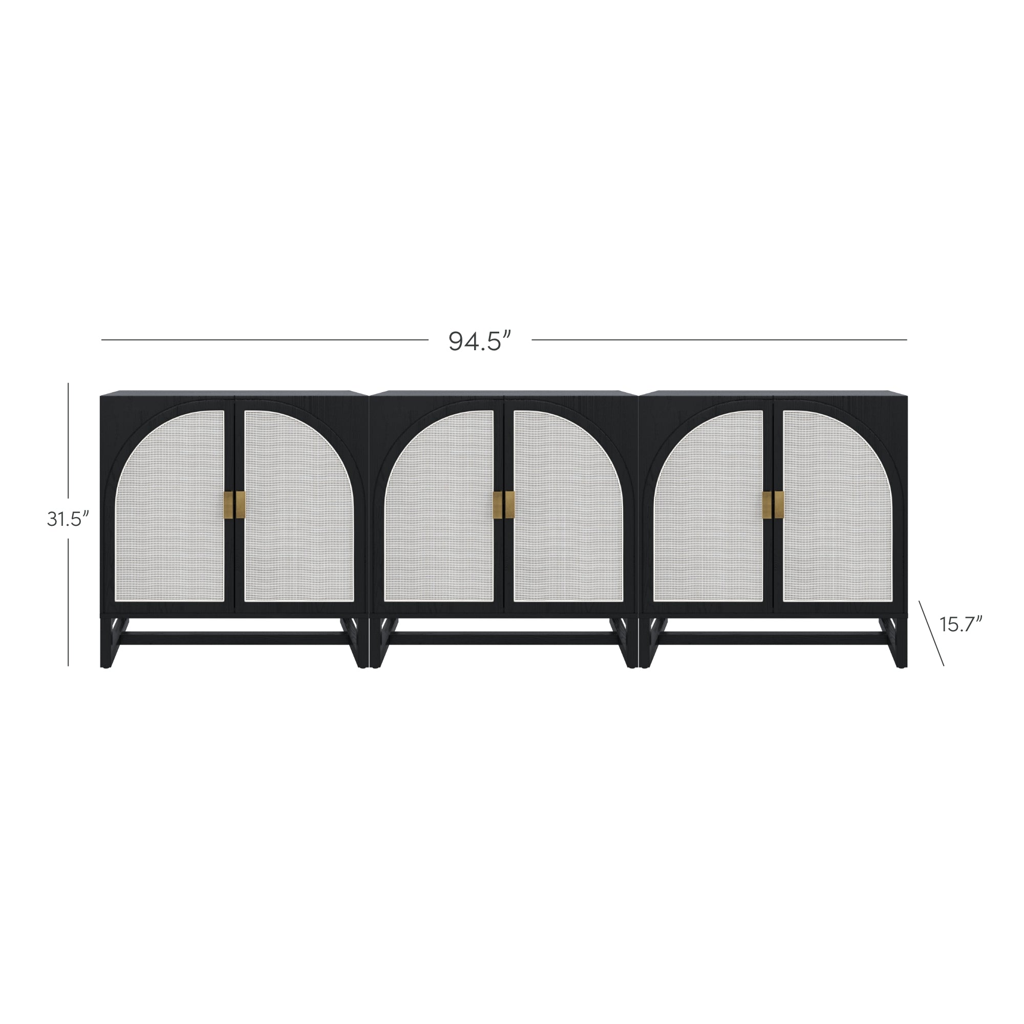 A black sideboard with four mesh doors, gold handles, arched door designs, and slender legs. The unit measures 94.5 inches wide, 31.5 inches high, and 15.7 inches deep.