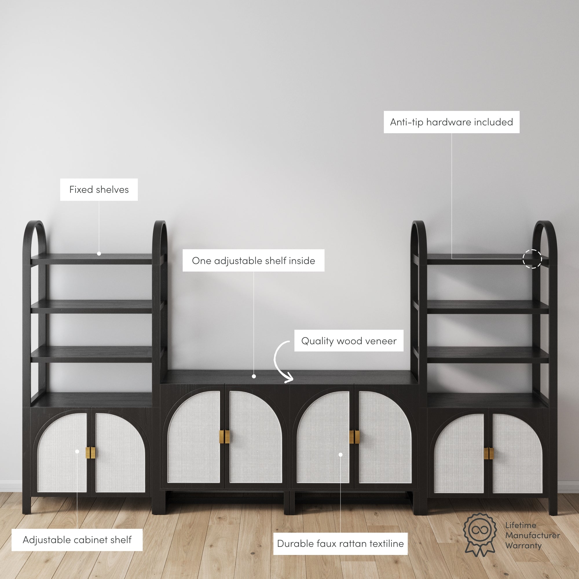 A modern black shelving unit with three sections featuring fixed and adjustable shelves, faux rattan cabinet doors, gold hardware, and quality wood veneer, set against a plain wall on a wooden floor.