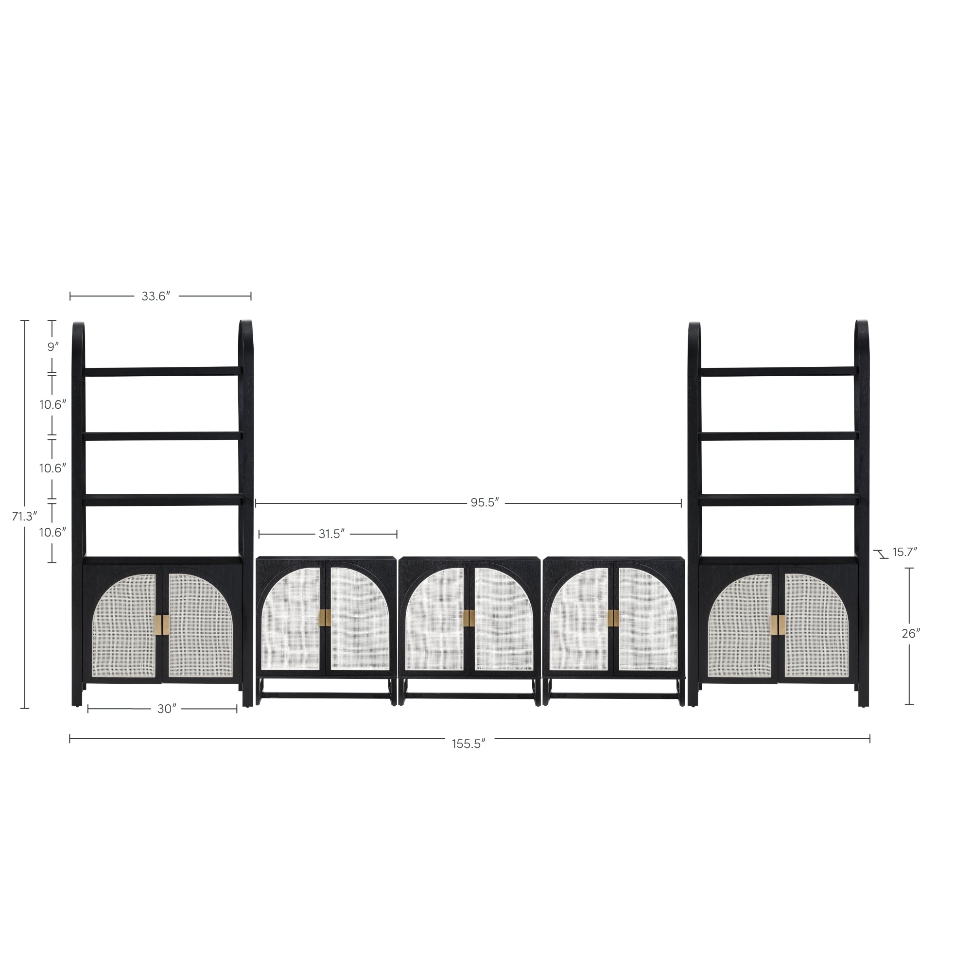 Black modular shelving and storage unit with mesh cabinet doors, open shelves, and labeled measurements: total width 155.5, height 71.3, and depth 17; individual section widths and heights also indicated.