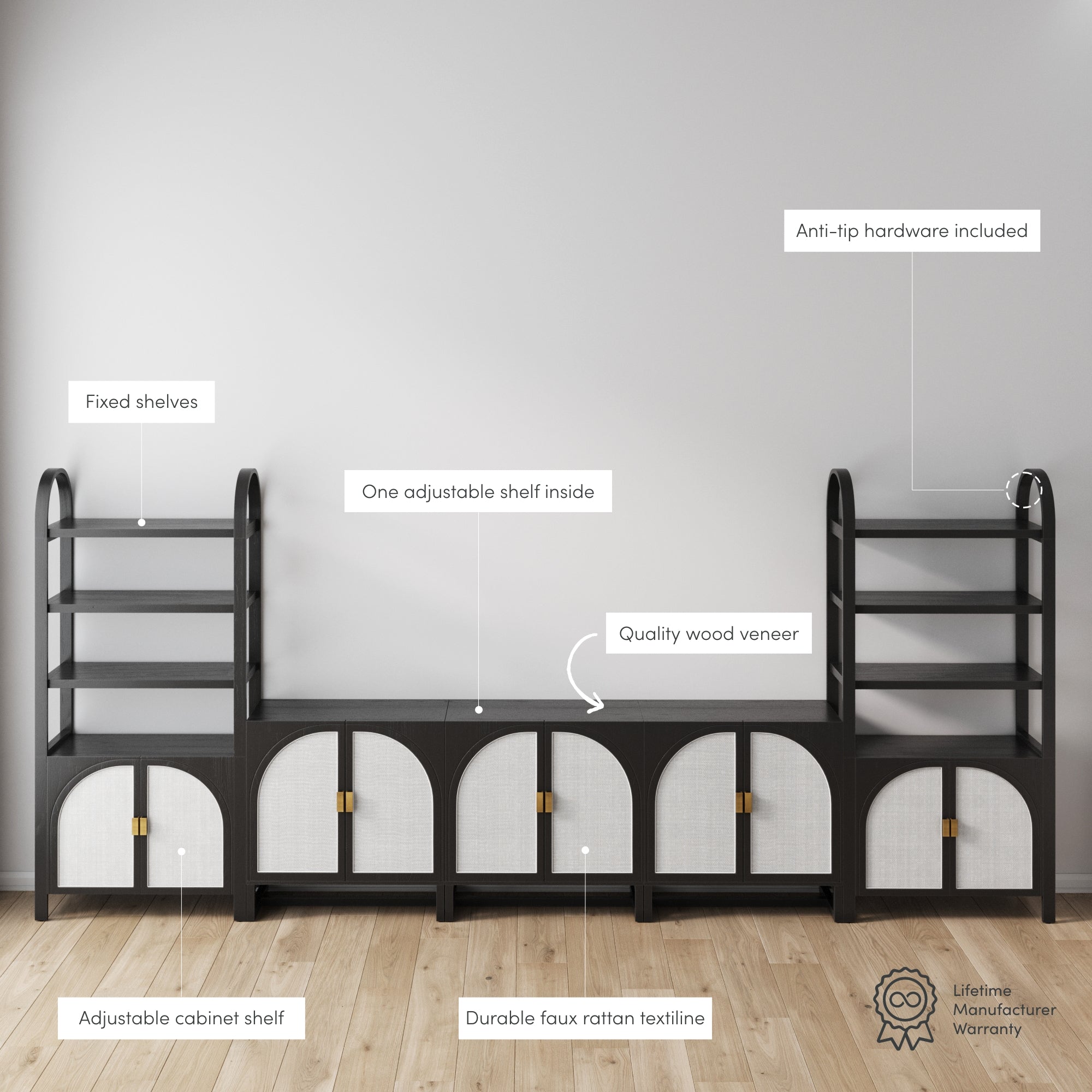 A modern black shelving unit with faux rattan cabinet doors, fixed shelves, adjustable cabinet shelf, anti-tip hardware, and a lifetime manufacturer warranty, shown against a plain light gray wall on a wood floor.