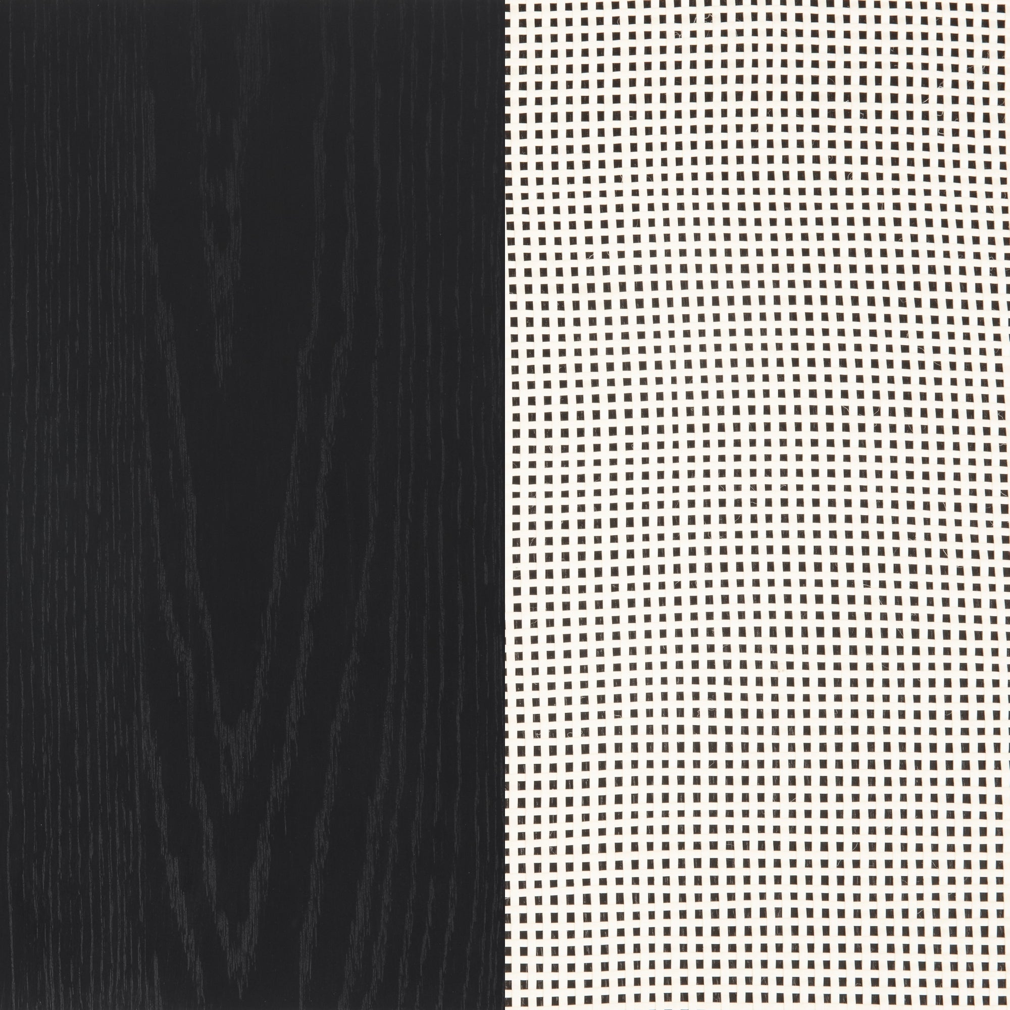 A split image: the left half shows a dark, wood grain texture, while the right half features a grid of small black dots on a light background, creating a contrasting pattern.