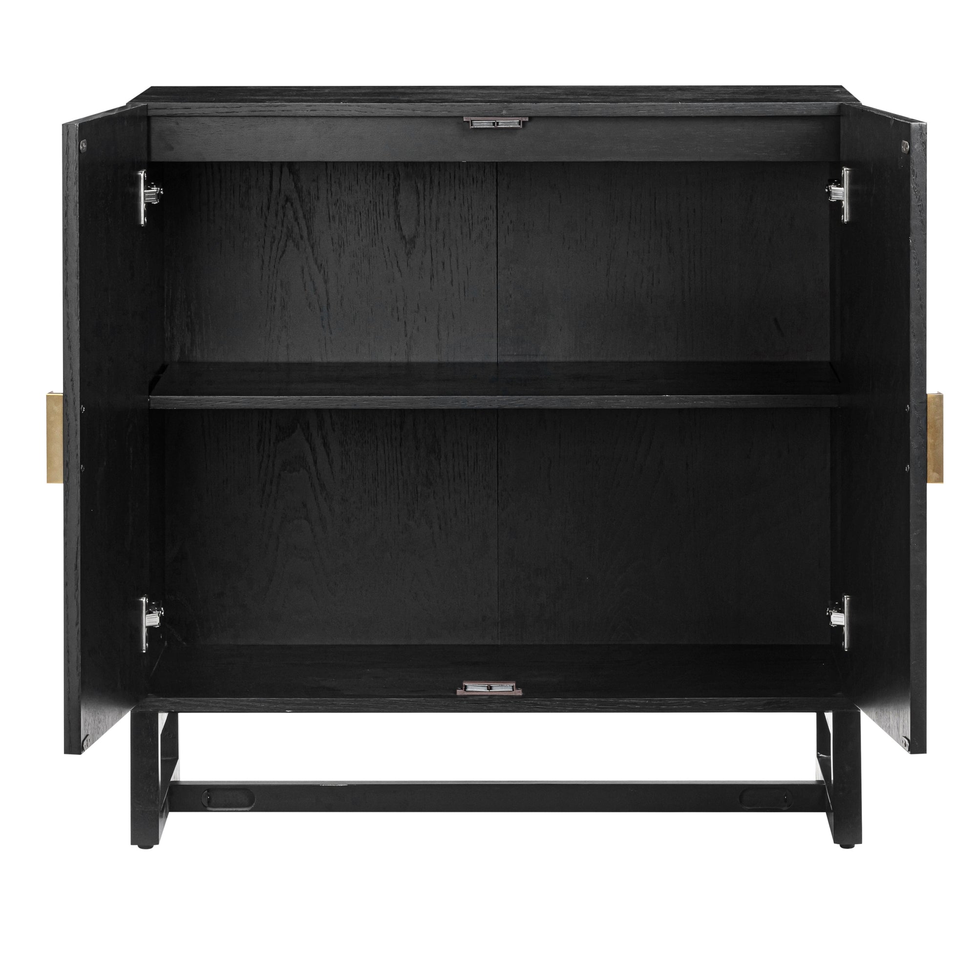 A black wooden cabinet with both doors open, revealing two spacious interior shelves and metal hinges; cabinet stands on a rectangular open base.