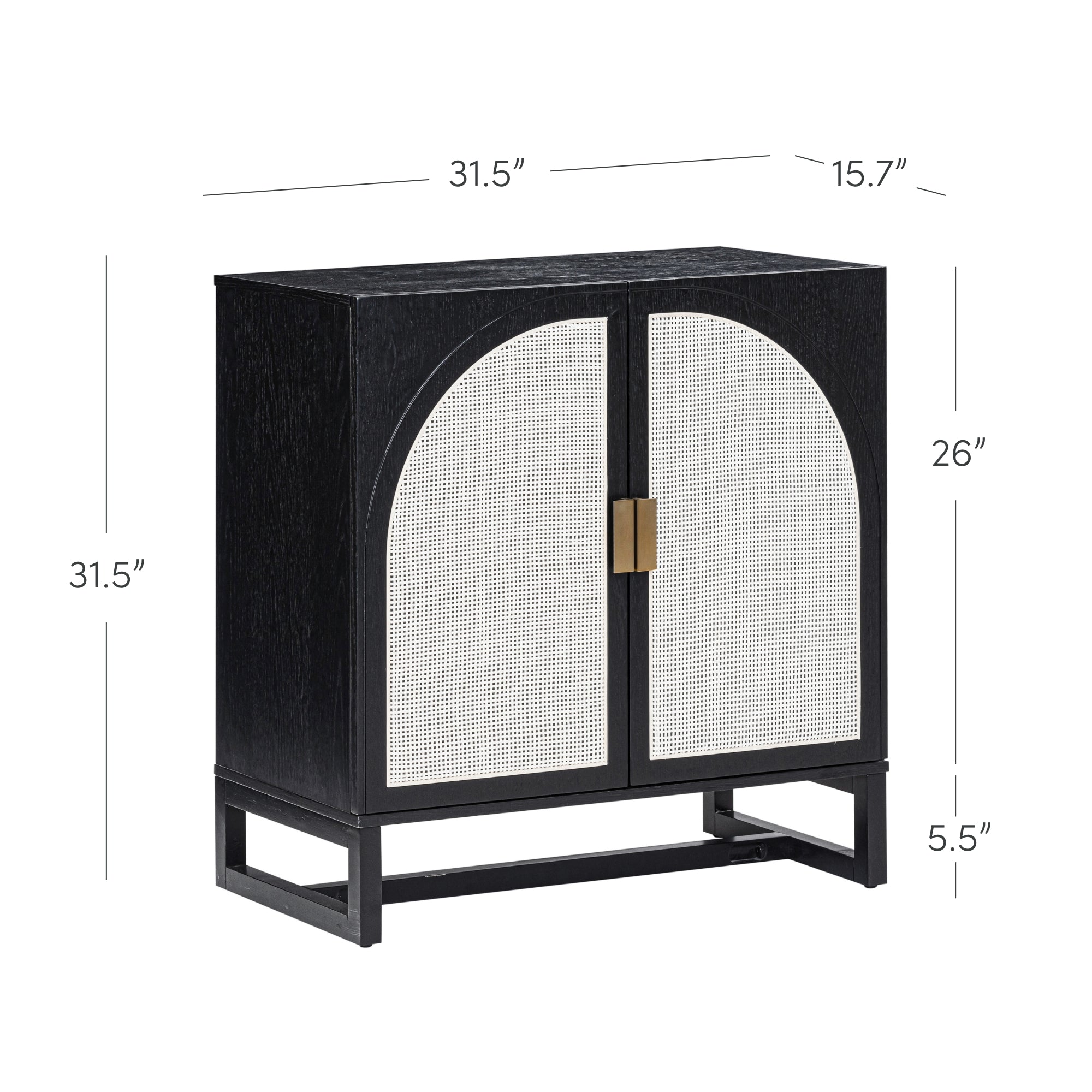 Black cabinet with white textured doors, arched design, gold handle, and open rectangular base. Dimensions labeled: 31.5 wide, 15.7 deep, 31.5 high, doors 26 high, base 5.5 high.