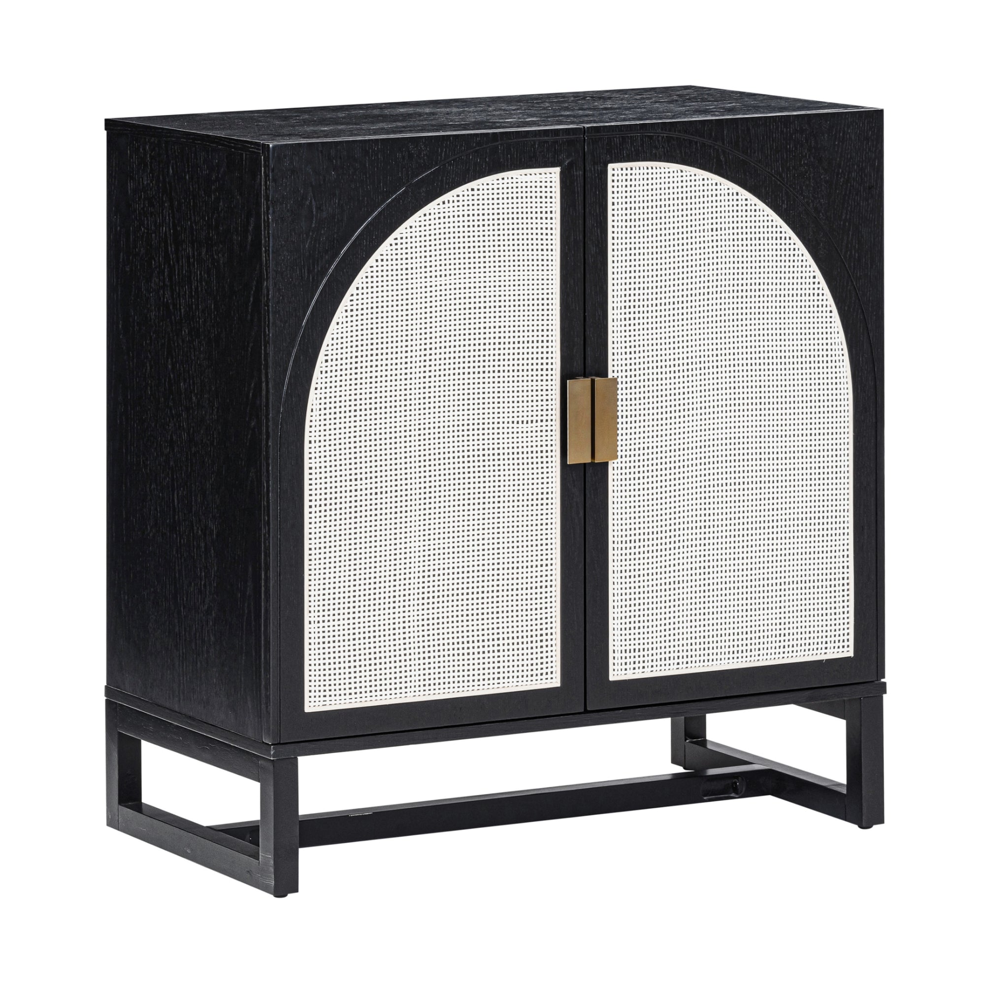 A modern black wooden cabinet with two front doors featuring white textured panels and a central brass rectangular handle, standing on an open rectangular base.