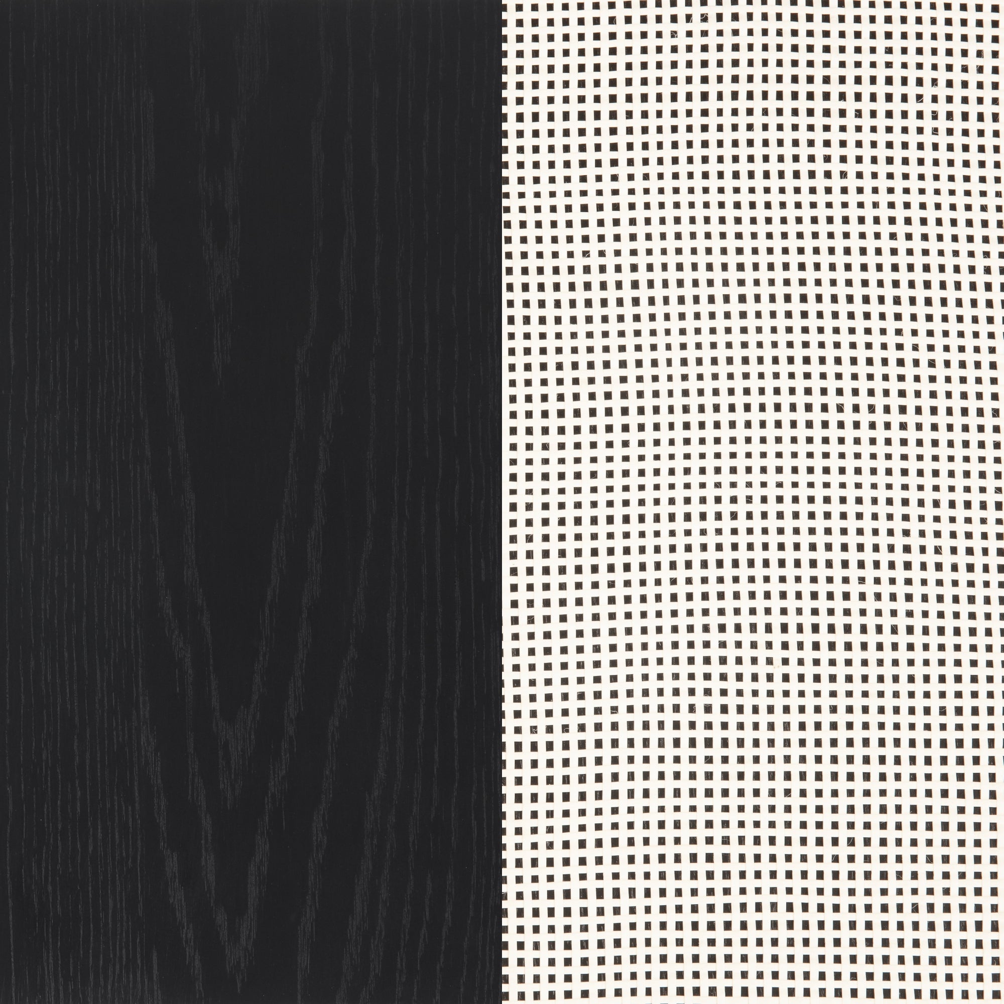 A split image: the left half is textured black wood grain, while the right half features a beige background with an irregular black grid pattern resembling tiny squares.