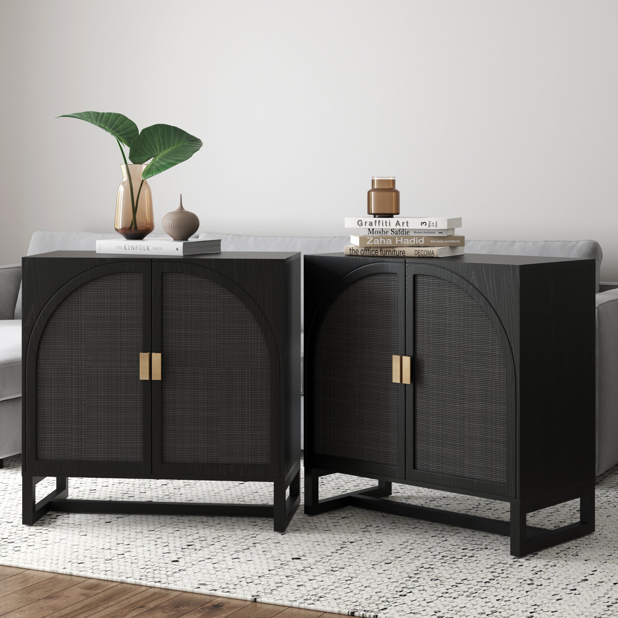 Arched Wooden Storage Credenza Black Rattan (Set of 2) - Nathan James