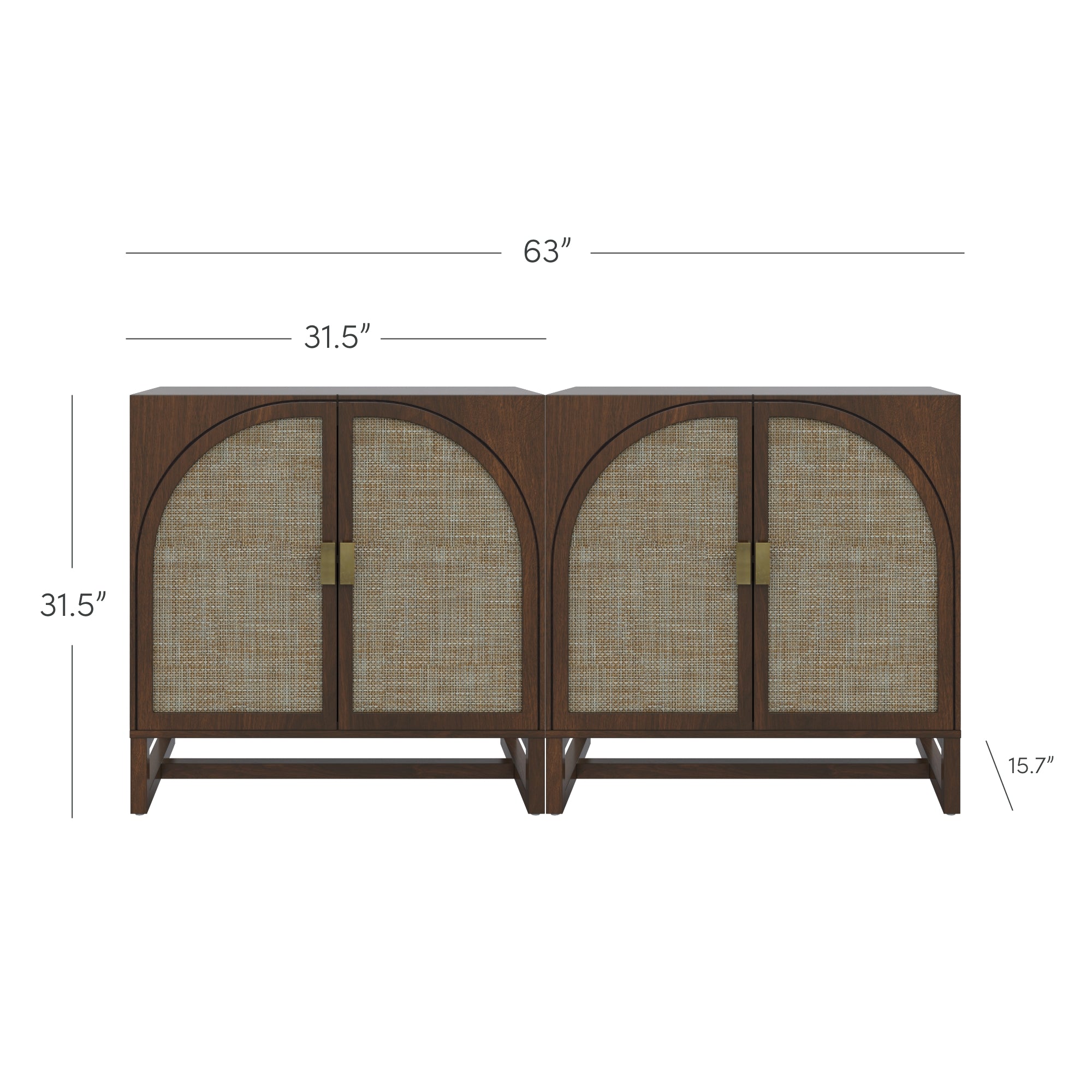 A wooden sideboard with two cabinet sections, each featuring woven rattan doors and brass handles. The sideboard measures 63 inches wide, 31.5 inches tall, and 15.7 inches deep. Dimensions are labeled on the image.