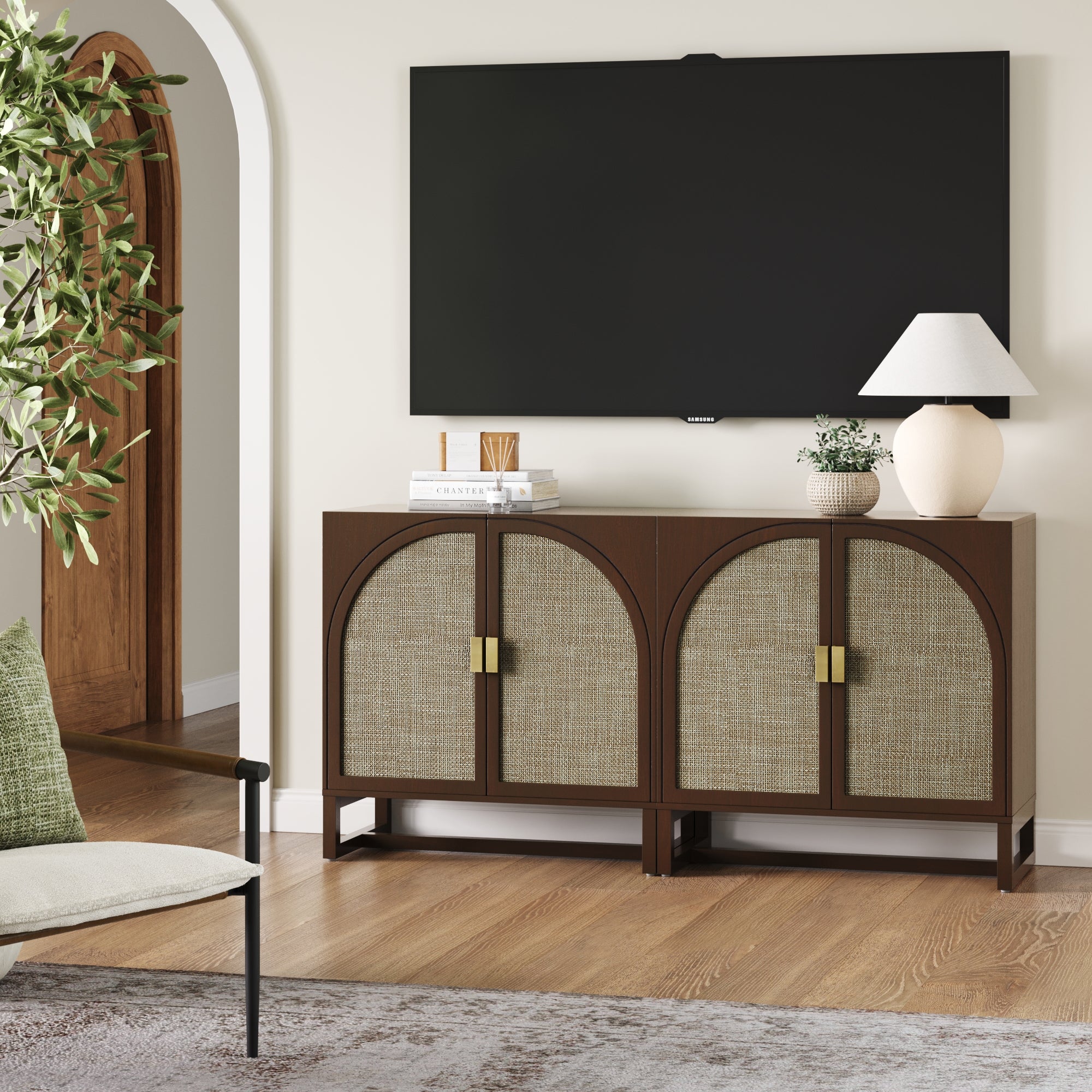Rattan Arched TV Console Stand for 55 - 65" TVs Brown - Nathan James