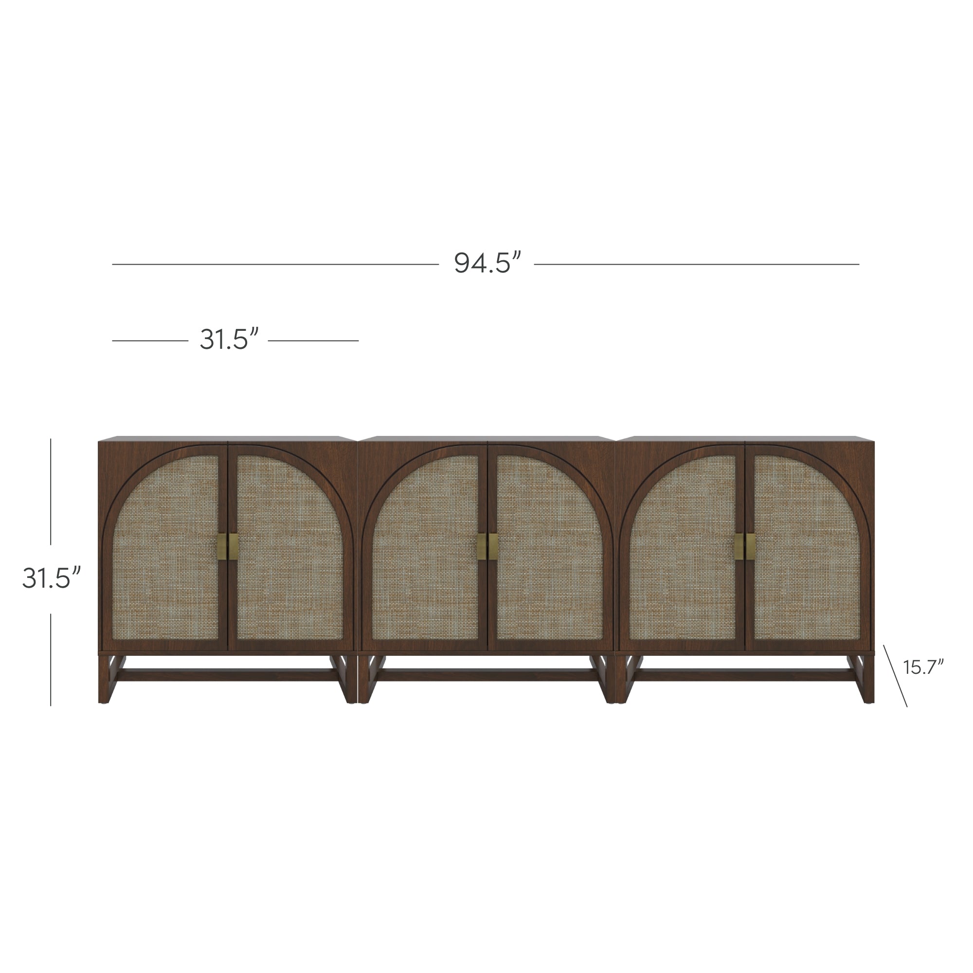 A wooden sideboard with four arched cabinet doors featuring woven panels. Dimensions are 94.5 inches wide, 31.5 inches high, and 15.7 inches deep. Brass handles accent the doors.