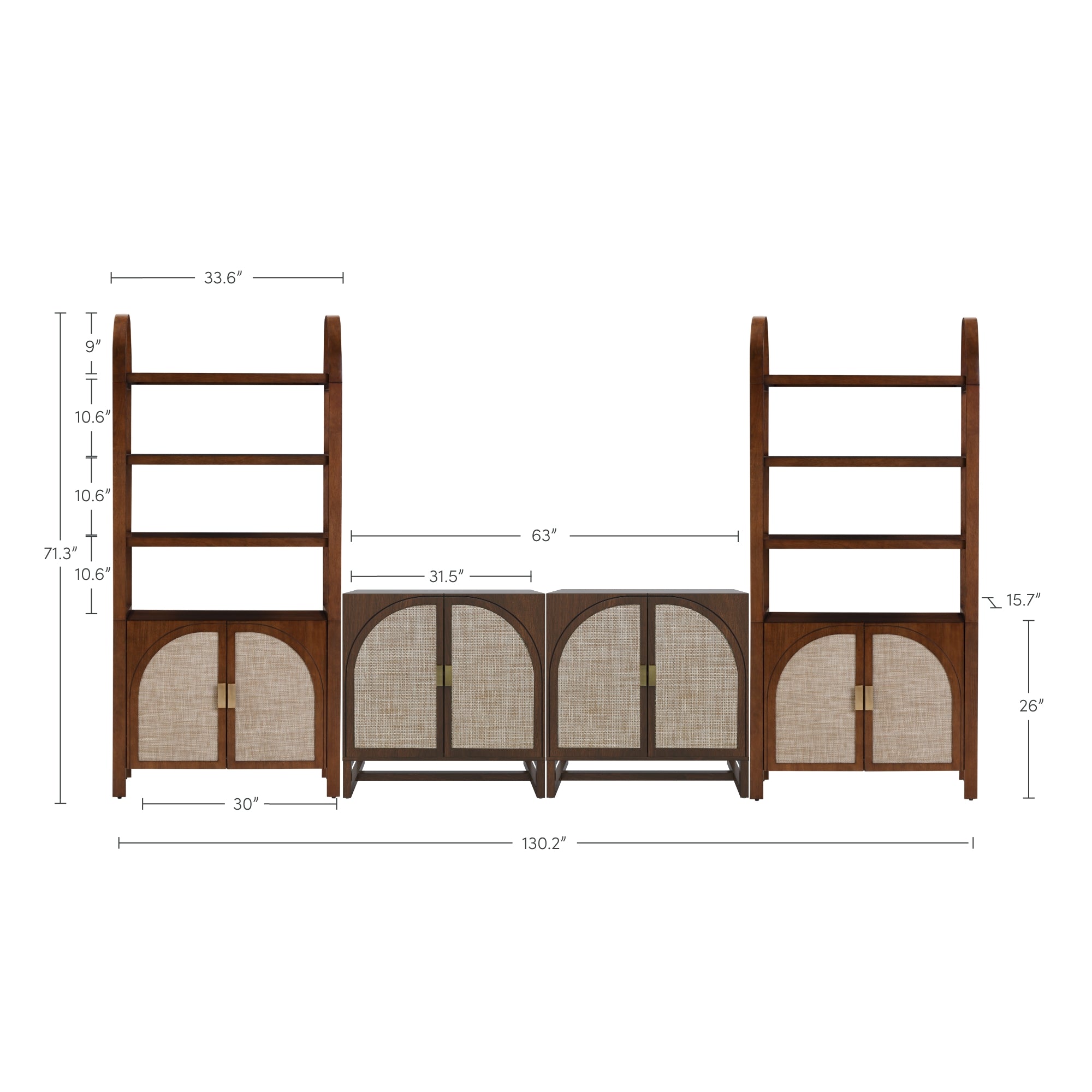 A modular shelving unit with two tall bookcases and three shorter cabinets, all in wood finish. Dimensions and heights are labeled, showing a total width of 130.2 inches and varying heights for shelves and cabinets.