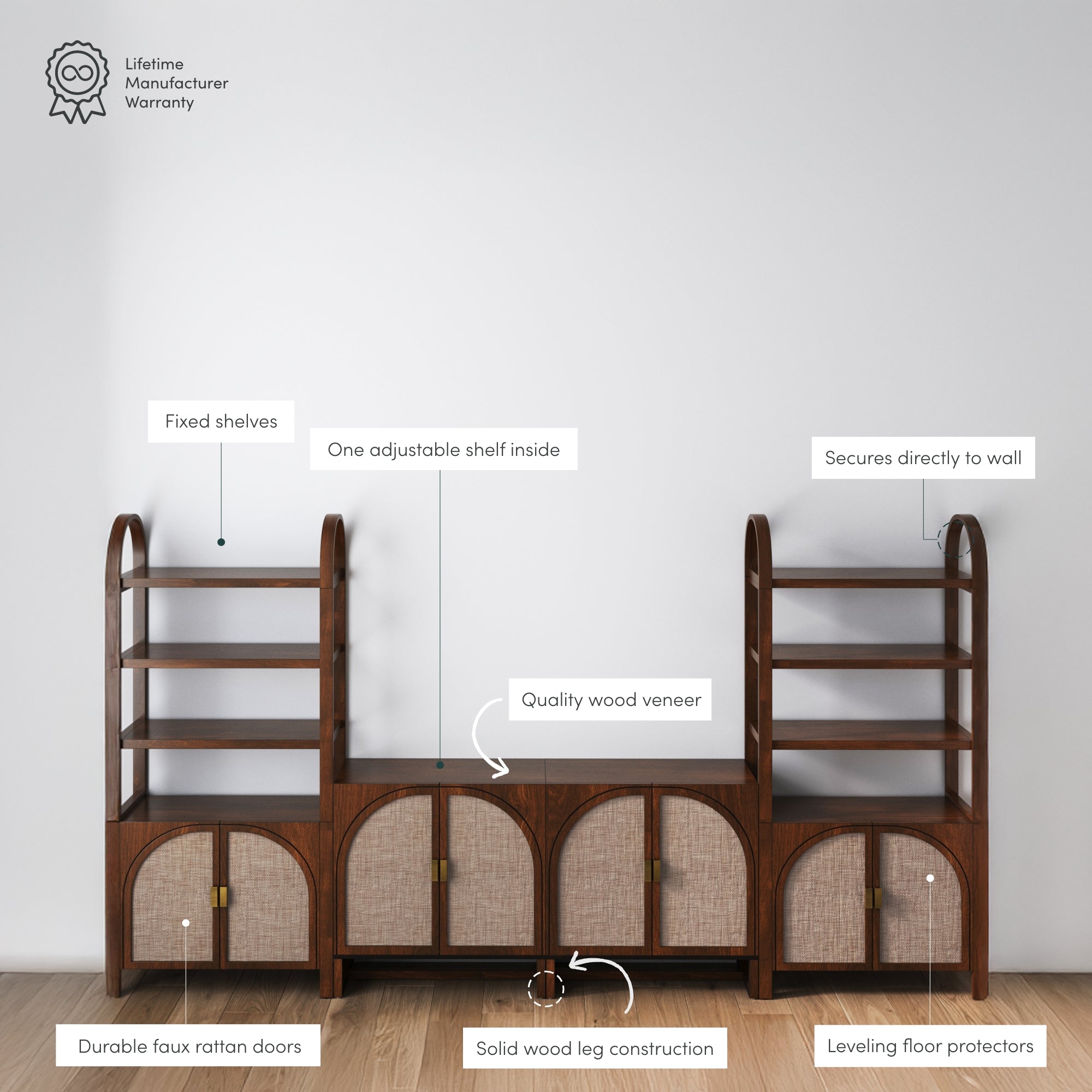 A wooden shelving unit with faux rattan doors, fixed side shelves, one adjustable interior shelf, solid wood legs, leveling floor protectors, and wall-secure feature. Product features are labeled in the image.
