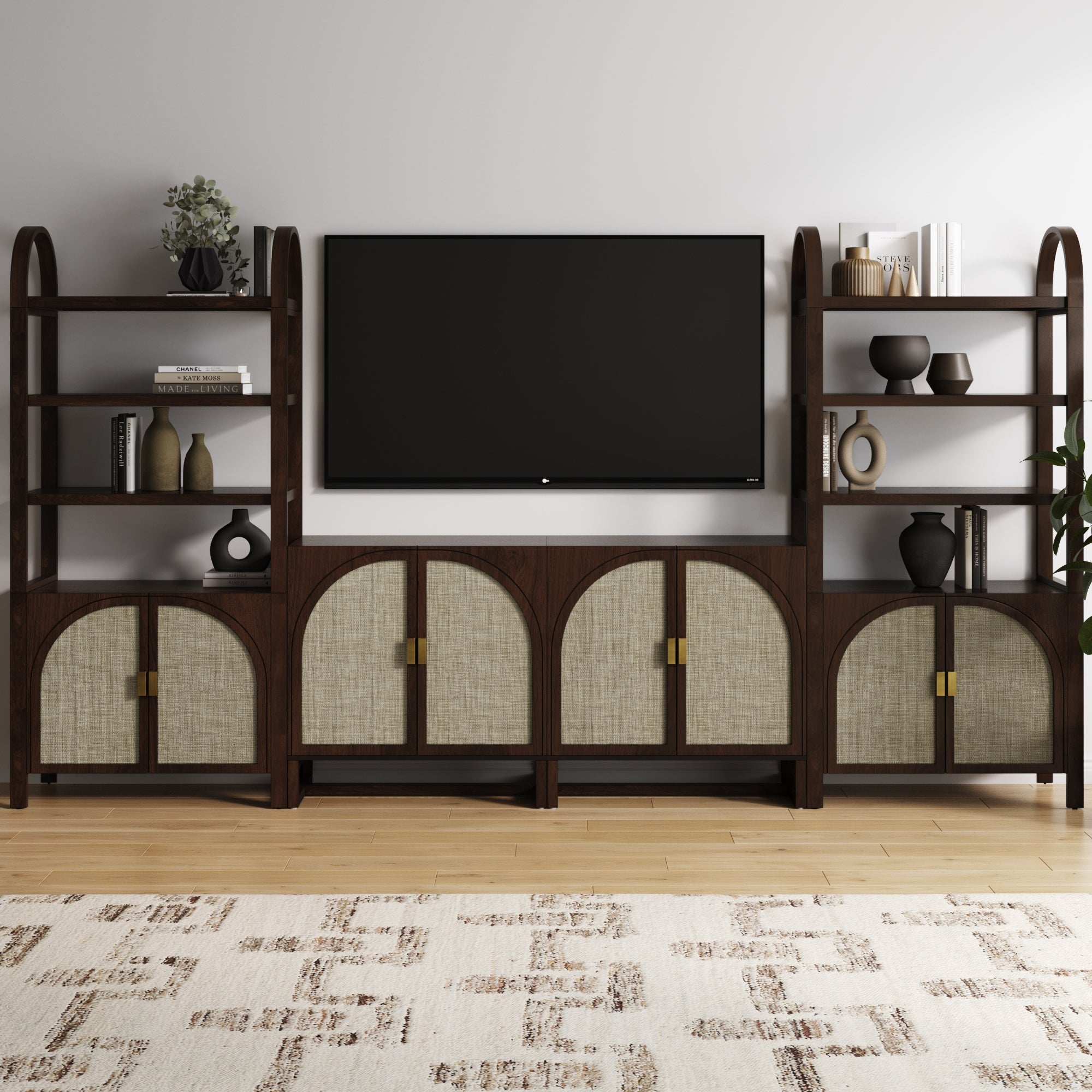 Arched Entertainment Center Wood Dark Acacia
