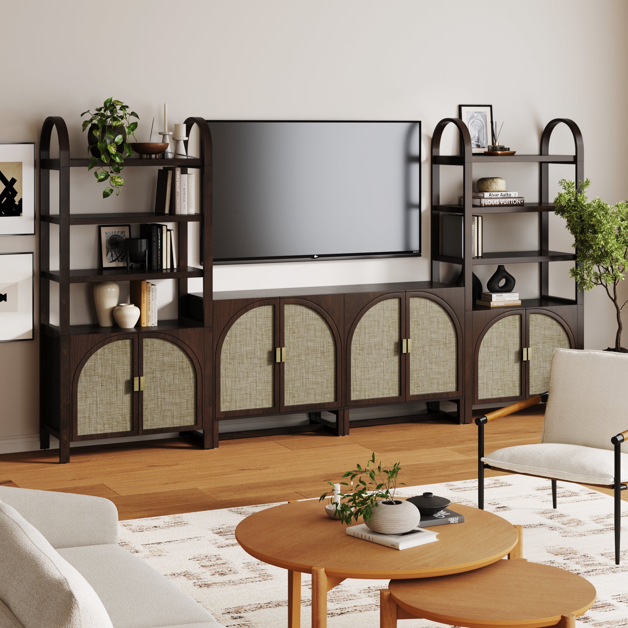 Arched Entertainment Center Wood Dark Acacia