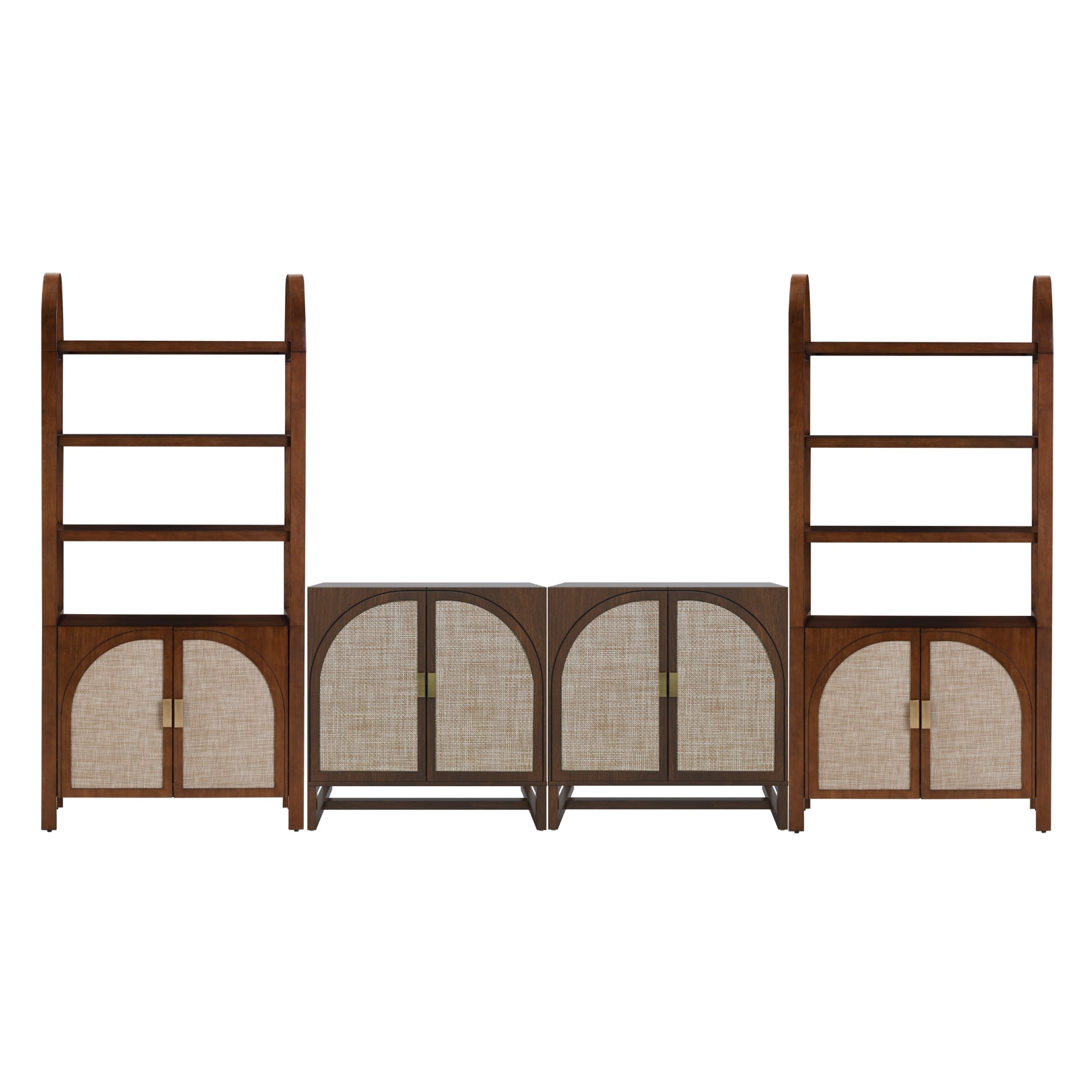 A wooden shelving unit with two tall bookcases on each side and two lower cabinets in the center, featuring woven rattan doors and brass handles. The design has an arch motif on the cabinet doors.
