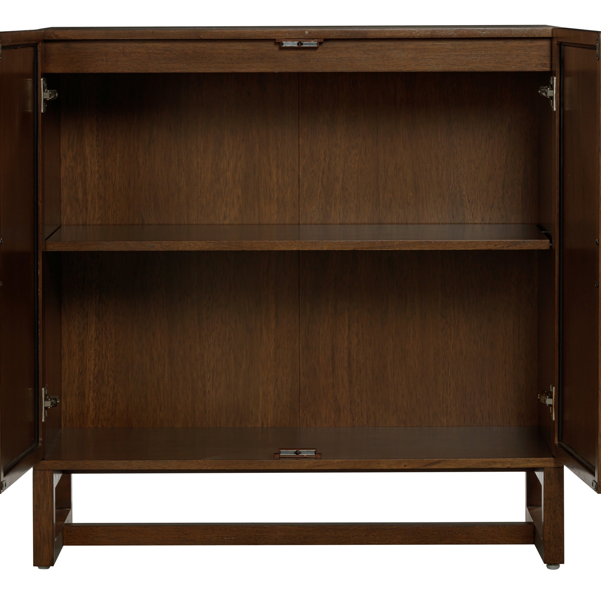 A wooden cabinet with two open doors, revealing an empty interior and a single shelf dividing the space into two storage sections. The cabinet has a rich brown finish and a simple, modern design.