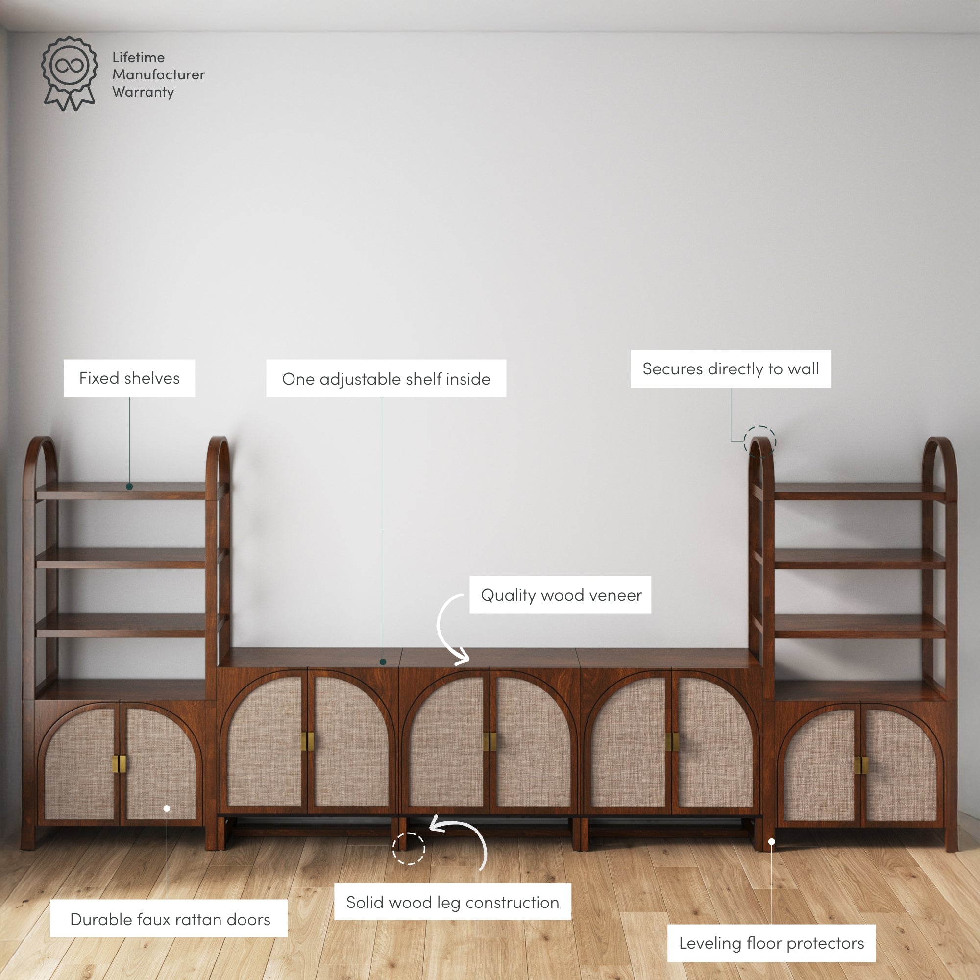 A wooden shelving unit with rattan doors is shown against a wall. Labels highlight features: fixed shelves, adjustable shelf, wall securing, faux rattan doors, solid wood legs, wood veneer, and floor protectors.