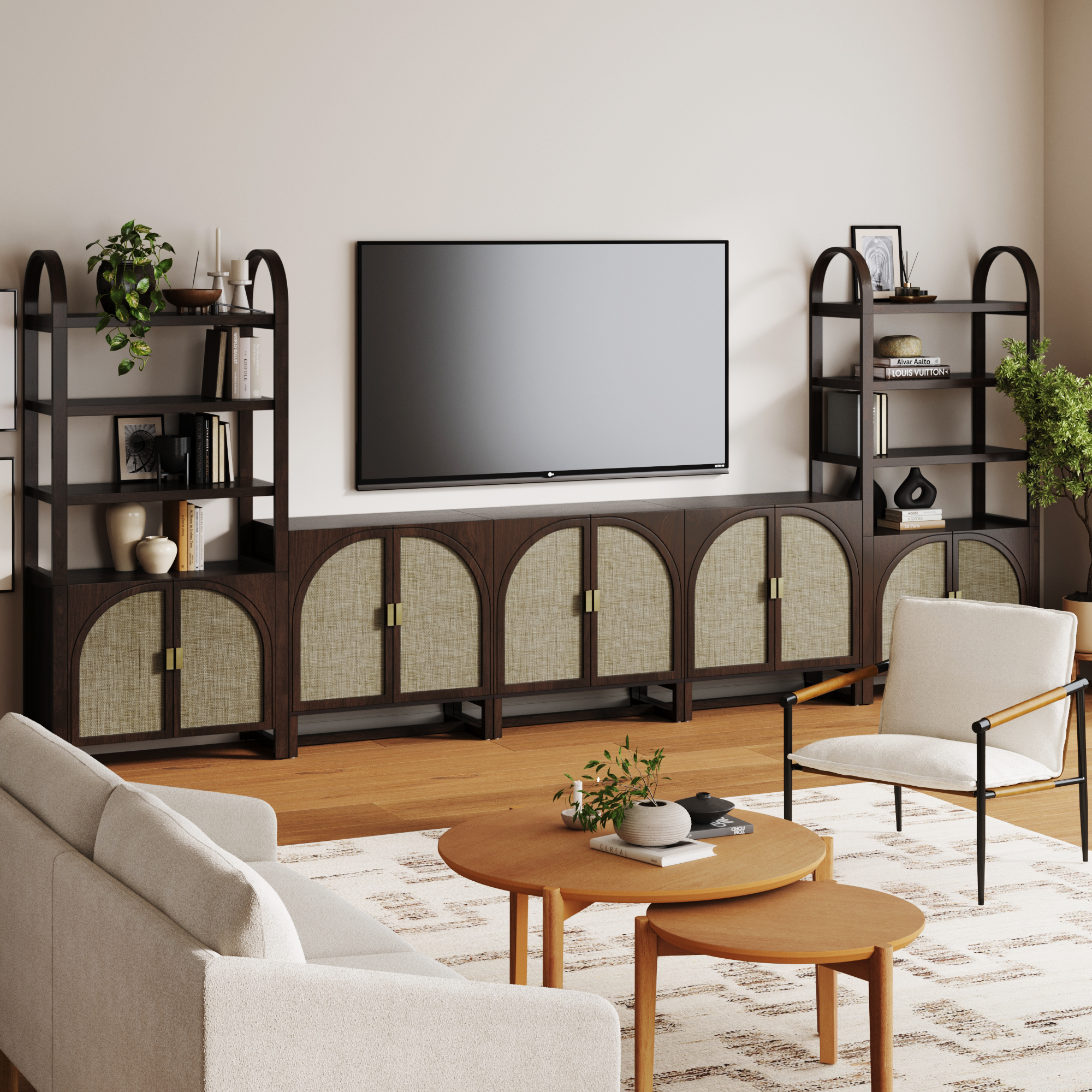 Arched Bookshelf Entertainment Center for 75" TV Dark Acacia