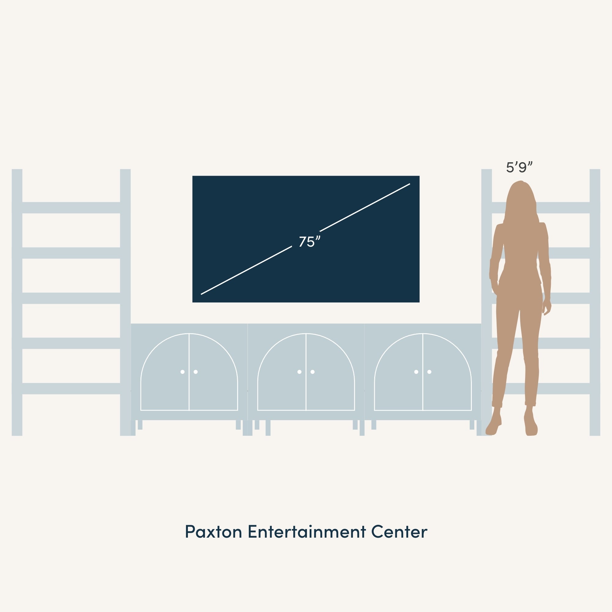 Diagram of a Paxton Entertainment Center with a 75-inch TV and a 59 person standing beside it for scale. The unit features shelves on both sides and three cabinets below the TV.