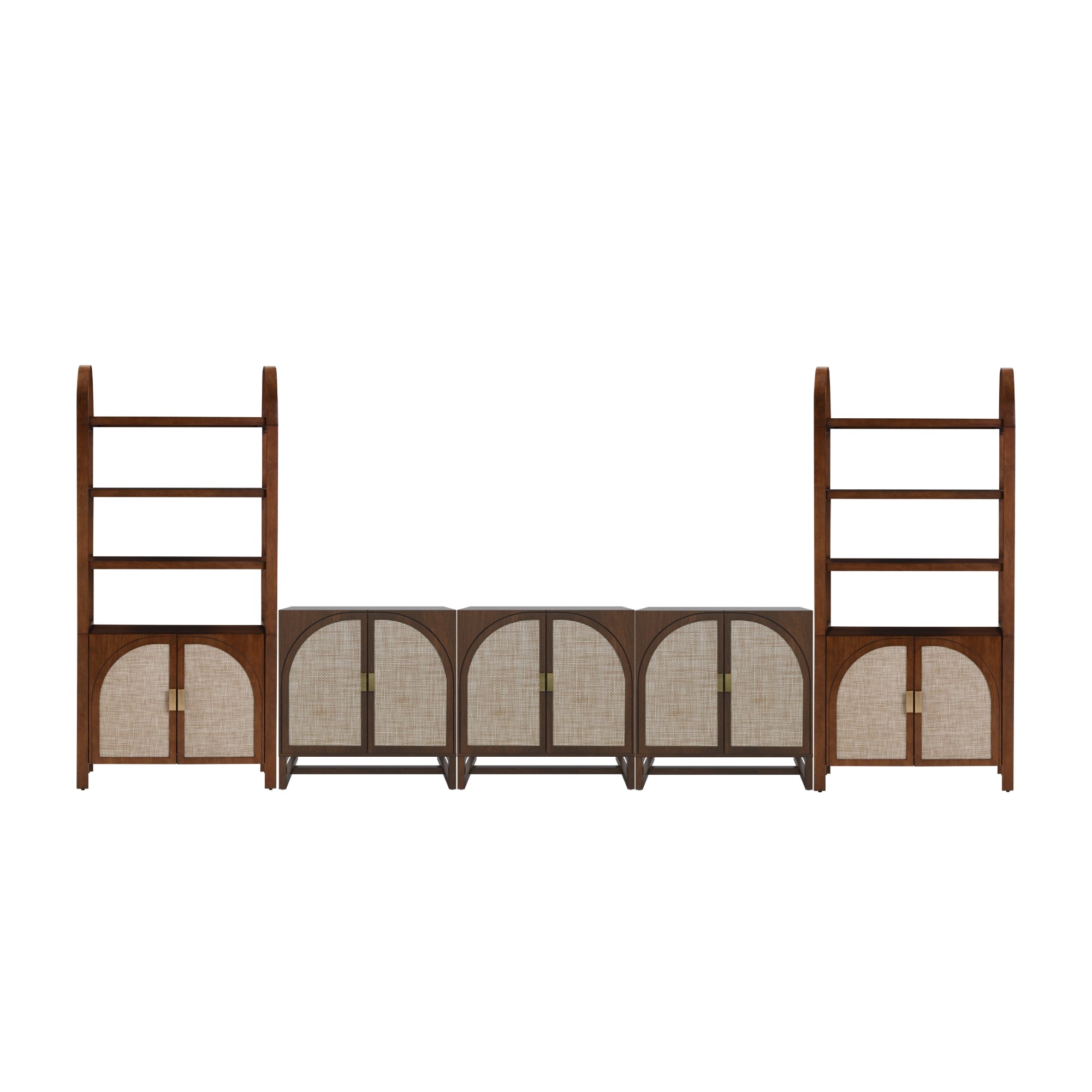 A modular wooden shelving unit with two tall bookcases on each side and four square, cabinet-style compartments with woven-front doors in the center, all against a white background.