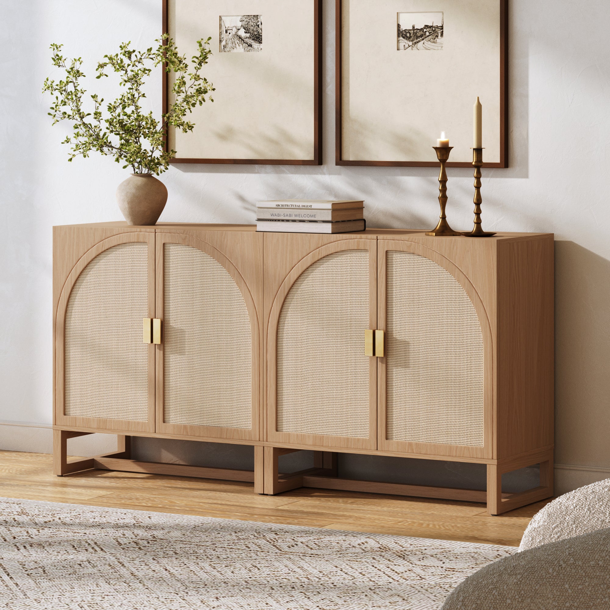 Boho Arched Cabinet Credenza Raw Oak (Set of 2)