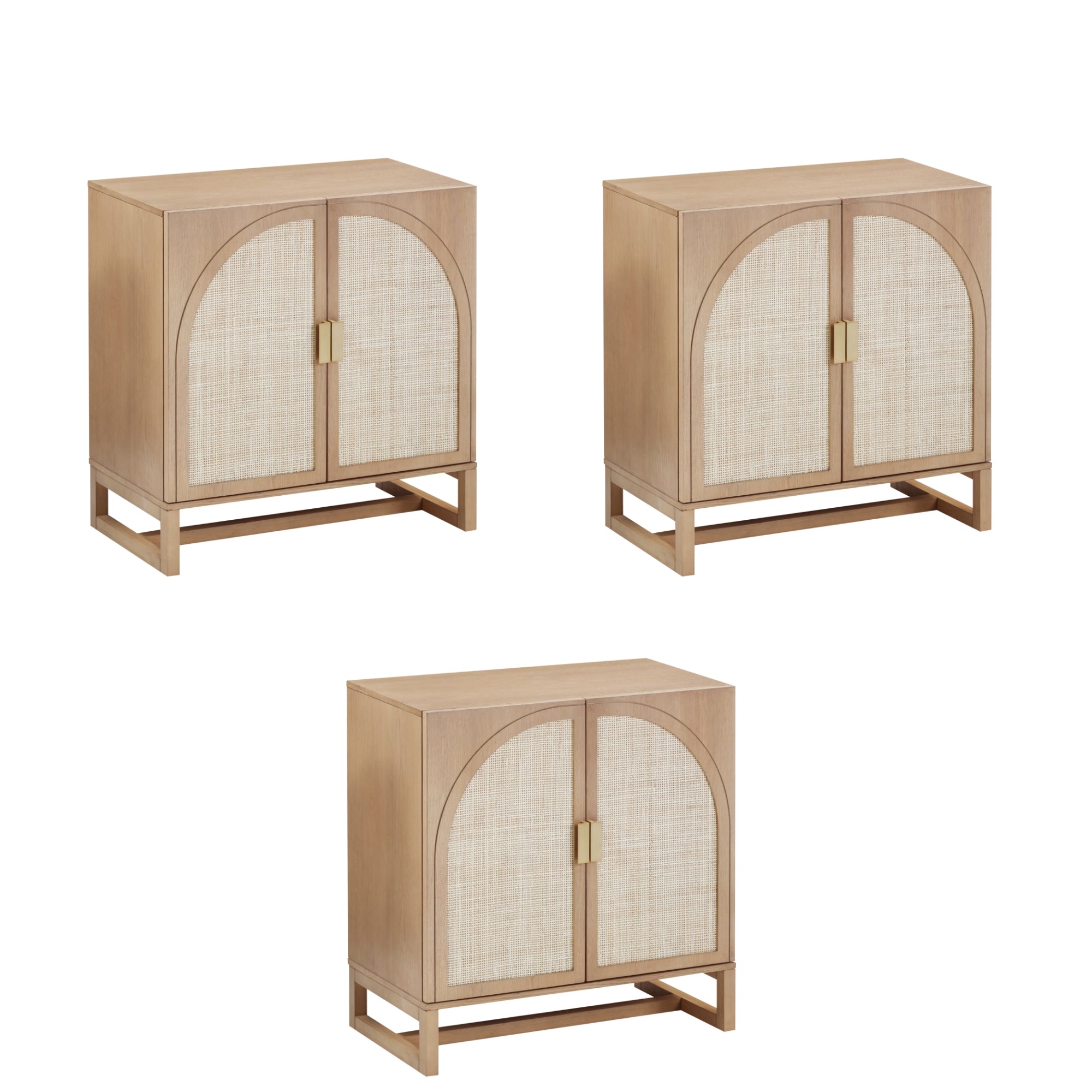 Three identical light wood cabinets with double doors featuring arched paneling and rectangular gold handles, shown from slightly different angles on a white background.