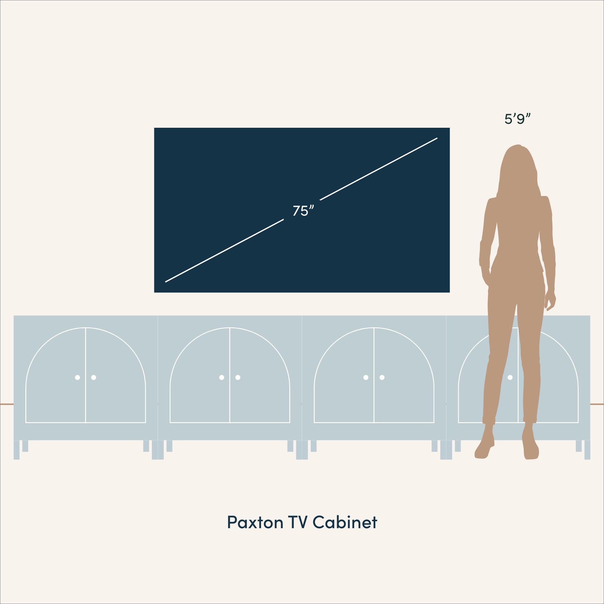 Illustration of a 75-inch TV on a Paxton TV cabinet, with a silhouette of a person standing beside it for scale, labeled as 59 tall.