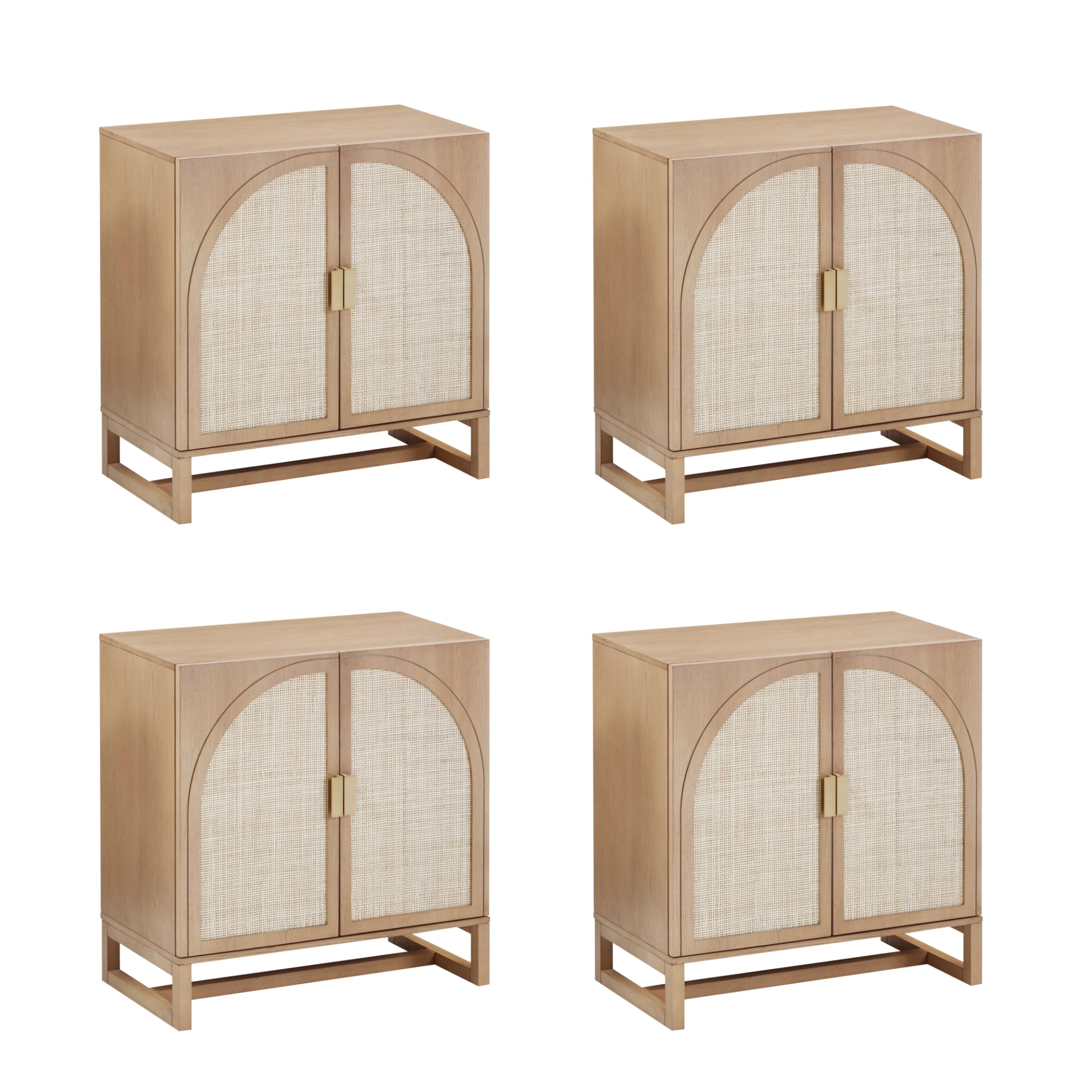 Four identical light wood cabinets with double doors, arched panel details, and gold handles, arranged in a two-by-two grid on a white background.