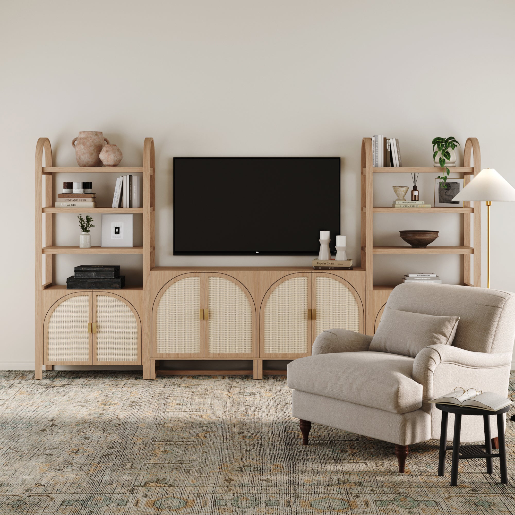 Arched Rattan Entertainment Center Wall Unit with Bookshelves (65" TV) - Nathan James